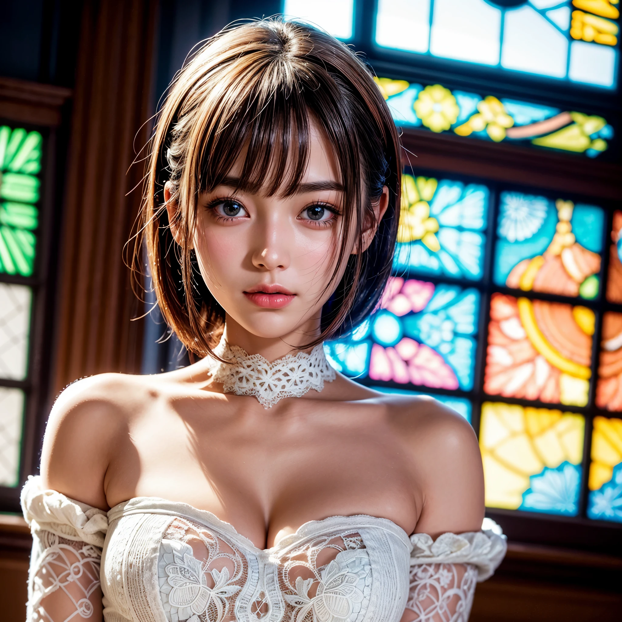 SFW, concept art, Tiny junior idol, Delicate lace knitted white clothes, (nipple:-0.9), face closeup, (((Renbutsu Misako), Dazzling and delicate stained glass fills the backgrund, colorful Light shines through stained glass:1.2, vivid red colors, lense Particle, lens flare, light Particle, Dazzling Halo, Acutance:0.8)). (masterpiece:1.2),(ultra-detailed:1.37),(realistic,photorealistic,photo-realistic:1.37), (Extremely detailed KAWAII face variations, innocent expression variations), rosy cheeks, intricate detailed eyes with sparkling highlights, long eyelashes with volume, subtle blush on the face. Mystic sight, haze, impeccable skin texture, captivating gaze, ((Dynamic-angle, physically-based rendering)), whole Body proportions and all limbs are anatomically accurate .