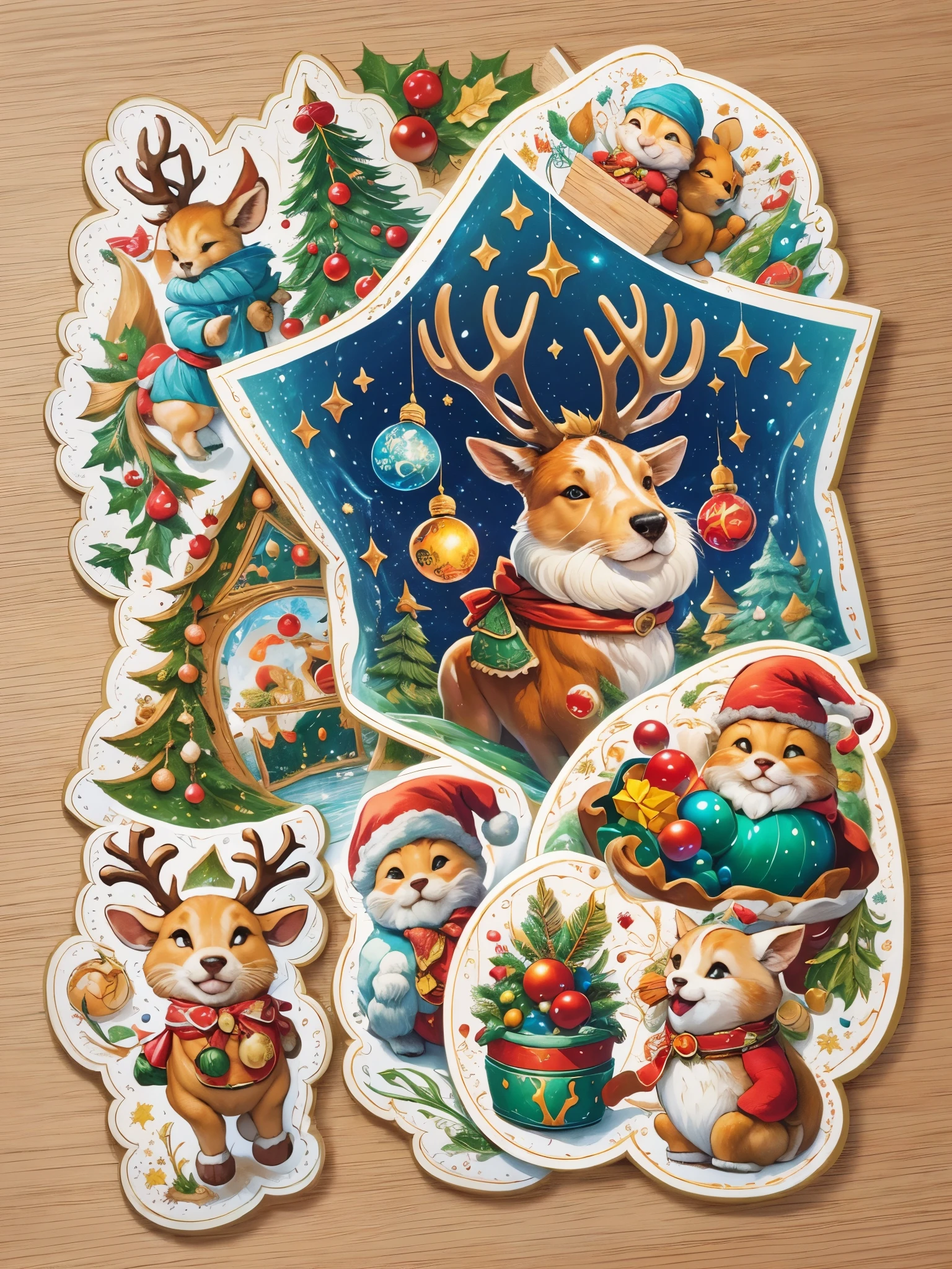 ((best quality)) , ((masterpiece)) ,(((Fantasy illustration)))，Festive Christmas stickers, vibrant colors, holiday motifs like Santa, reindeer, snowflakes, Christmas trees, and gifts, glossy finish, high-quality print, cheerful and bright designs, variety of shapes and sizes, suitable for decoration, capturing the spirit of the season,8k resolution