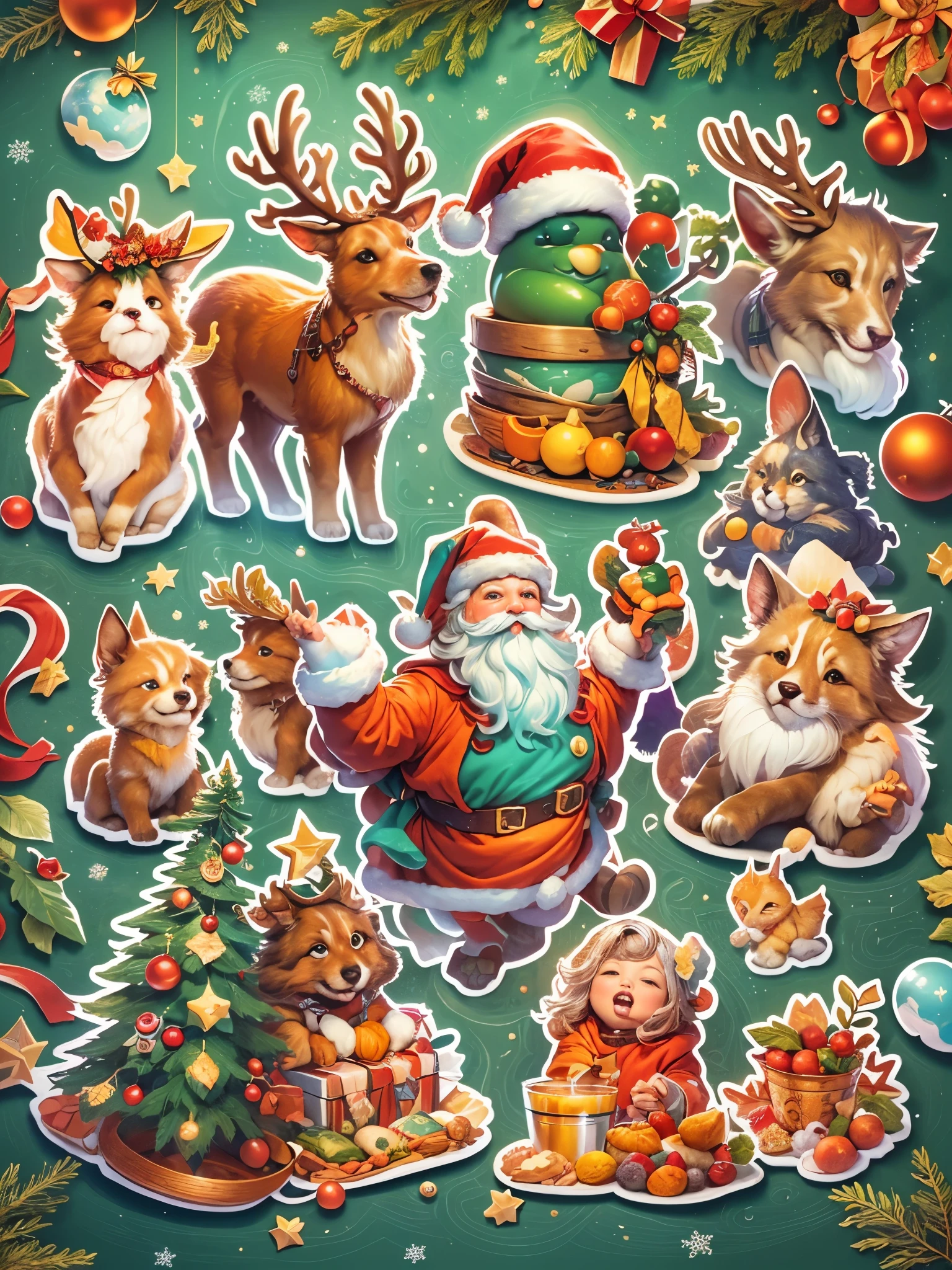 ((best quality)) , ((masterpiece)) ,(((Fantasy illustration)))，Festive Christmas stickers, vibrant colors, holiday motifs like Santa, reindeer, snowflakes, Christmas trees, and gifts, glossy finish, high-quality print, cheerful and bright designs, variety of shapes and sizes, suitable for decoration, capturing the spirit of the season,8k resolution