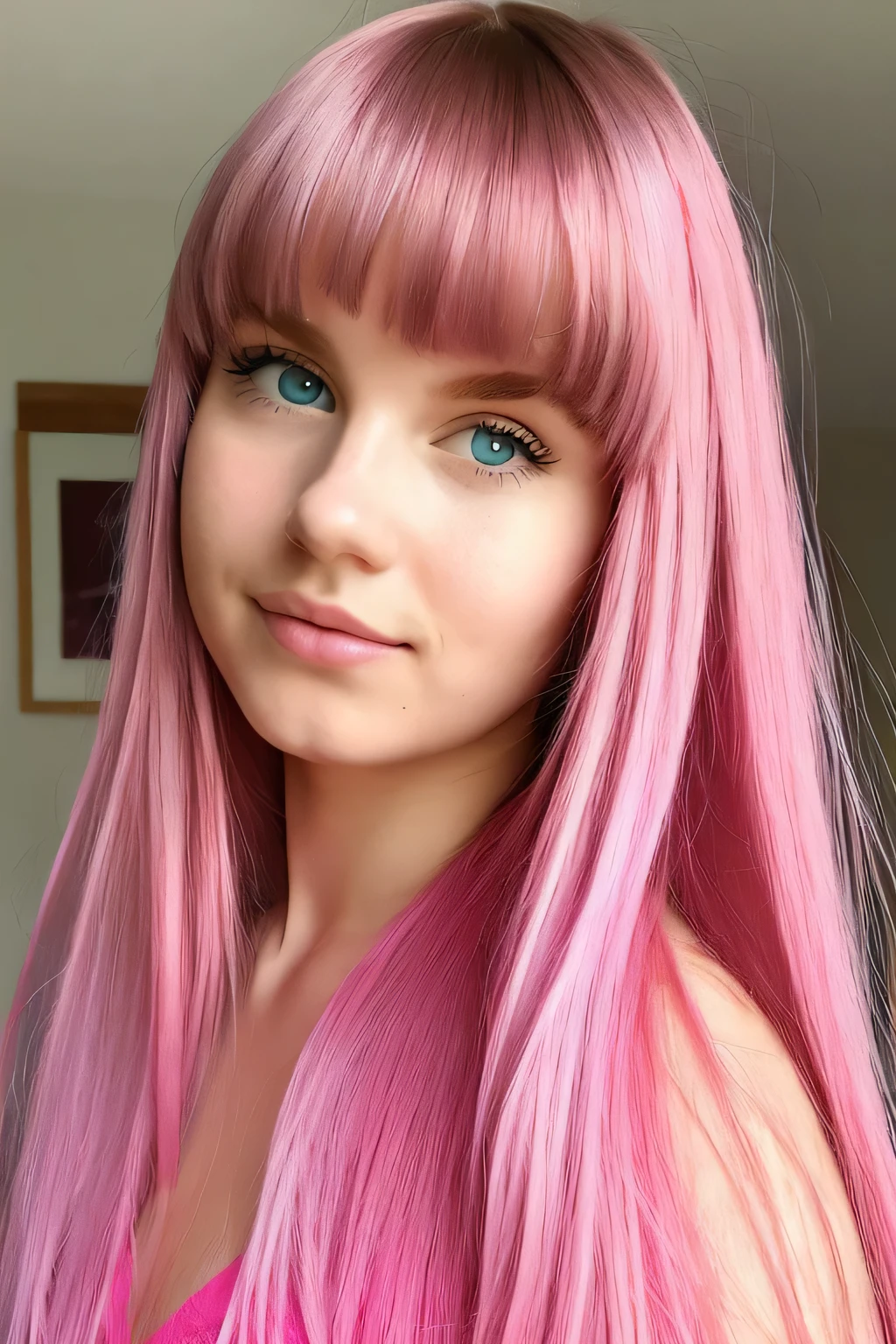 "uma jovem de 19 anos, with long cabelo rosa with bangs, perto dos olhos dela, cor rosa, olhos azuis, thick lips the color of a natural mouth, um leve sorriso e um lindo brilho labial, na boca dela a cor rosa, She's got thick lips, she's facing the camera with her hair with pink bangs, the fringe is also pink and tied with a pink ribbon.cabelo rosa, olhos azuis angelic face, she's facing the camera.