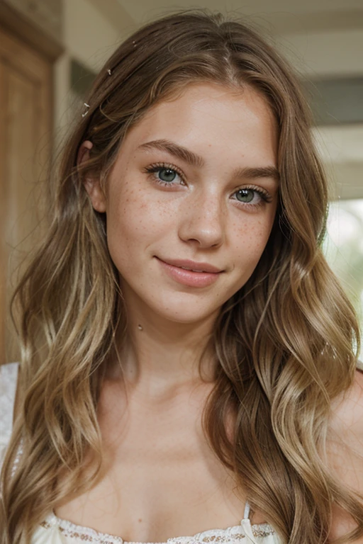 16k, cinematic, photo realistic, swiss girl portrait, braided blonde hair, green eyes, smile, white teeth, little freckles, slim face