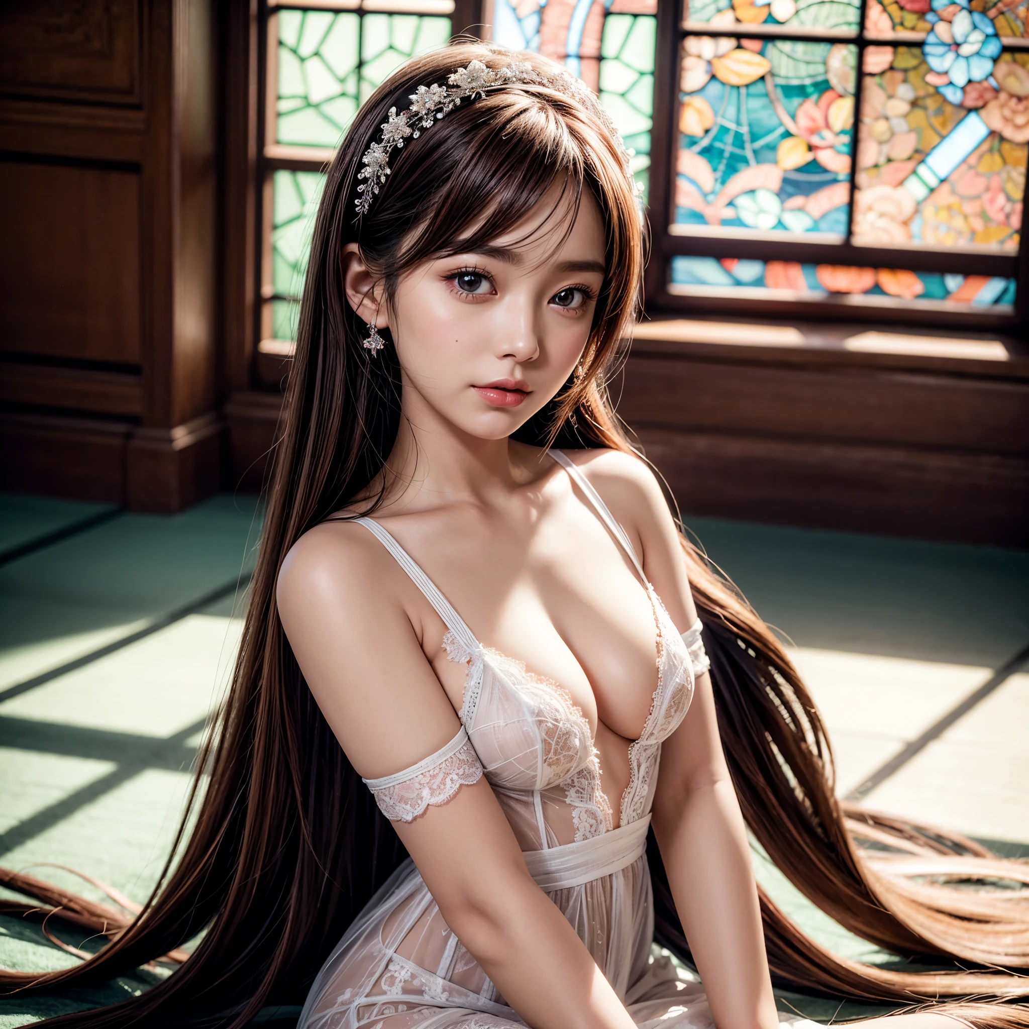 SFW, concept art, Tiny junior idol, Delicate lace knitted white clothes, (nipple:-0.9), ((face closeup)), (((Renbutsu Misako), Dazzling and delicate stained glass fills the backgrund, colorful Light shines through stained glass:1.2, vivid red colors, lense Particle, lens flare, light Particle, Dazzling Halo, Acutance:0.8)). (masterpiece:1.2),(ultra-detailed:1.37),(realistic,photorealistic,photo-realistic:1.37), (Extremely detailed KAWAII face variations, innocent expression variations), rosy cheeks, intricate detailed eyes with sparkling highlights, long eyelashes with volume, subtle blush on the face. Mystic sight, haze, impeccable skin texture, captivating gaze, ((Dynamic-angle, physically-based rendering)), whole Body proportions and all limbs are anatomically accurate .