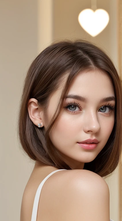 Young woman 20 years old (Cute Girl, With an oval face and a symmetrical facial structure, s big eyes, Hazel eye color, Almond-shaped eyes, The nose is straight and balanced., It&#39;s a soft wave. (brunette hair) ,heart-shaped lips, Perfect eyebrows, perfect ears, Soft, pale skin, Pale white skin, natural pink lips, seductive expression, lively light, Specially cute and ,  cute face))], [Body description : ((Hourglass chassis shape, Chest 32 inches, Round breasts))],