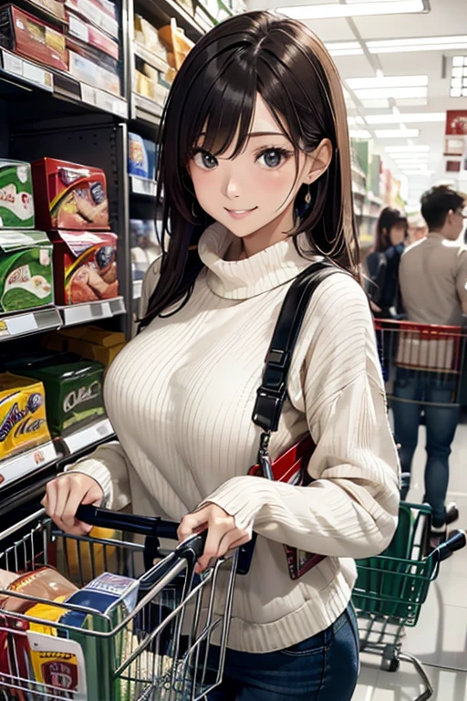 (8K), (Best Quality), (masutepiece: 1.2) aisle between many products ((sexy woman pushing shopping cart)) Sweaters and jeans shot from front Viewing products