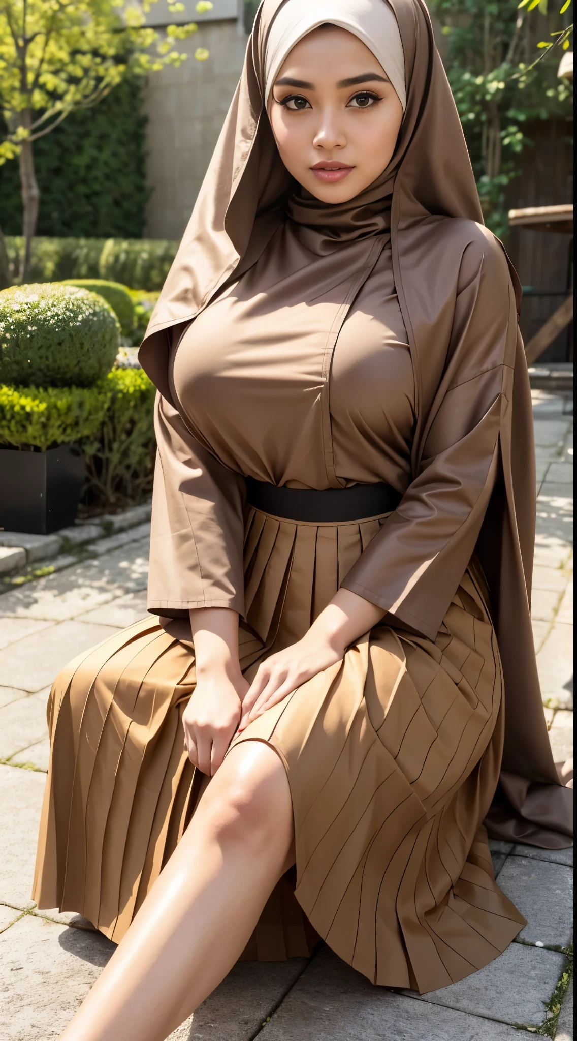 ((Close up)),RAW, Best quality, high resolution, masterpiece: 1.3), beautiful Malay woman in hijab,Masterpiece, perfect fit body, big breast, big gorgeous eyes, open mount,Soft smile,beutifull face,sitting,woman in a brown shirt and a brown plea skirt,long pleated skirt, coated pleats, wide skirts, taupe, long skirt, satin, dressed in long fluent skirt, brown clothes, brown shirt, muted brown, pastel', layered skirts, silky garment, beige, coat pleats, modestly dressed, hakama kimono ,thick thighs, Delicate turtleneck, long necklace, shairband, afternoon walk, garden plant, Excellent lighting, Bright colors, Clean lines