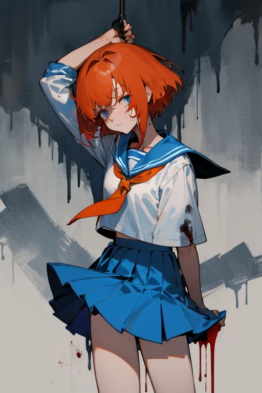 Detailed details，horor，Lack of light，disarray，hold your head in confusion，Frightened，murky，short orange blouse hair，Blue sailor suit，neck tie，Blood is coming out of the neck，skirt by the