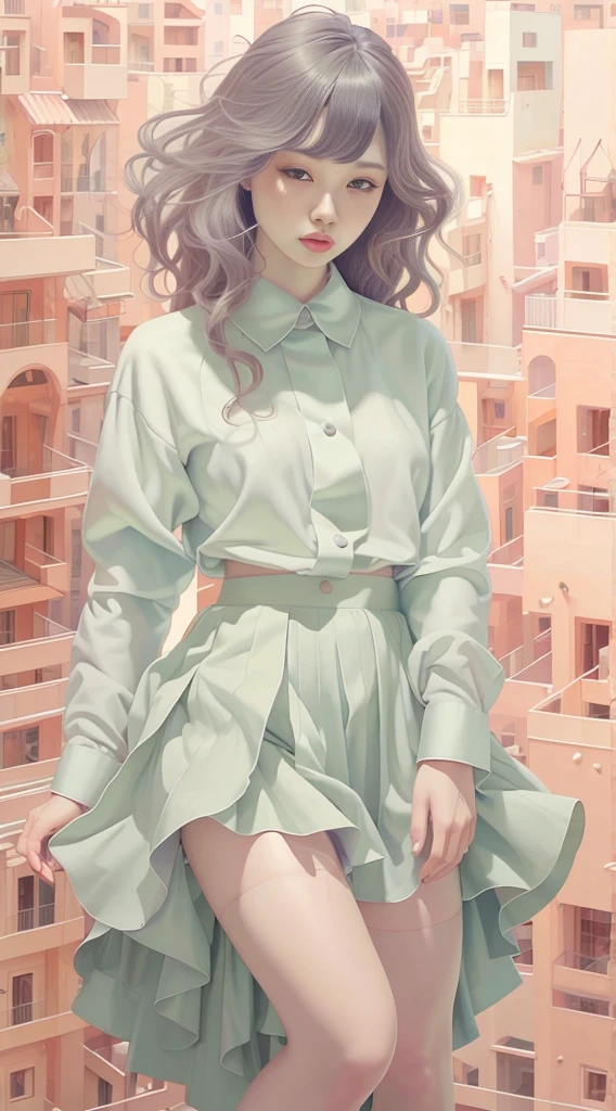 A beautiful woman, wearing (( shirt, skirt)), long hair, full body, top quality, realistic, super detailed, 8k