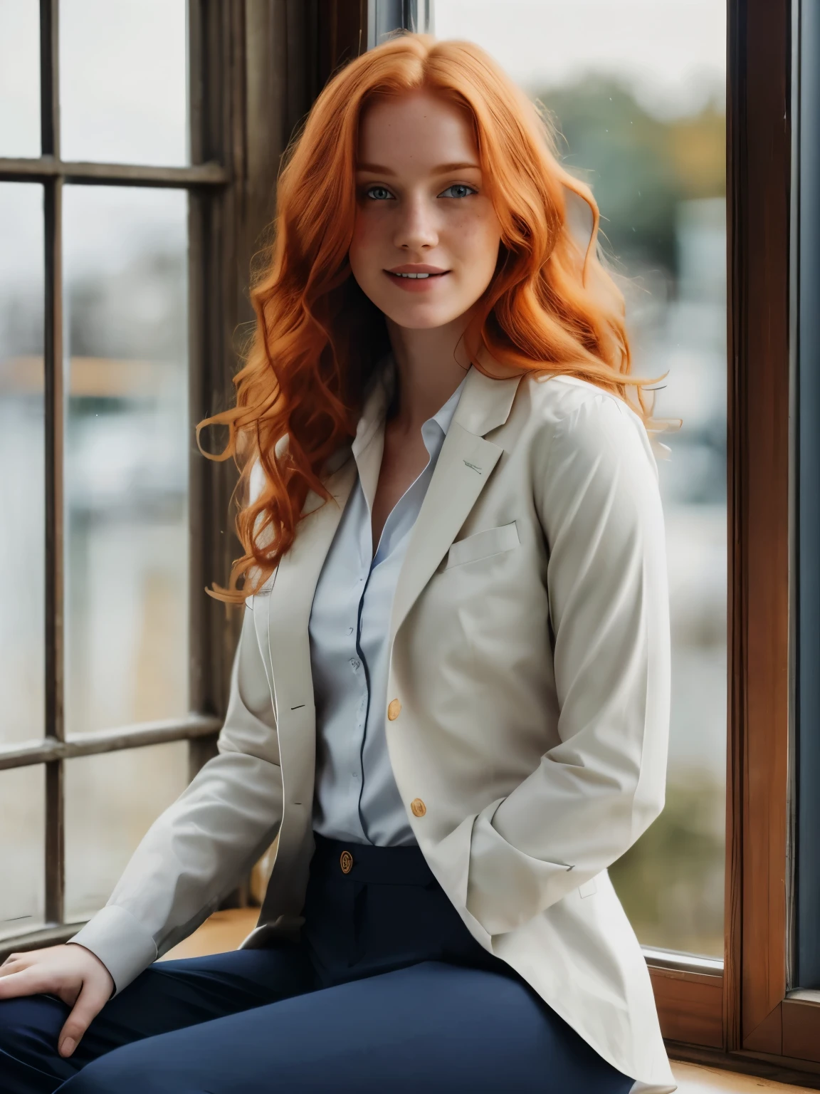 (1girl in, age23, Solo, Aesthetic artwork, irish redhead, wavy ginger hair, shoulder length ginger hair, light grey eyes, some small freckles, smiling, pale skin, B-cup, medium breasts, runners body, (textured skin, skin pores:1.1), (moles:0.8), imperfect skin, goosebumps, wearing buttoned up white shirt with navy blue blazer, wearing navy blue pants, in a cozy coffee shop, blury background, (action shot, sitting at window: 1.25), (extremely detailed 8k wallpaper), (hard lighting), high quality, film grain, Fujifilm XT3 sharp focus, f 5.6, 50mm, High Detail, Sharp focus, (natural light), crazy details, complex details, hyperdetailed