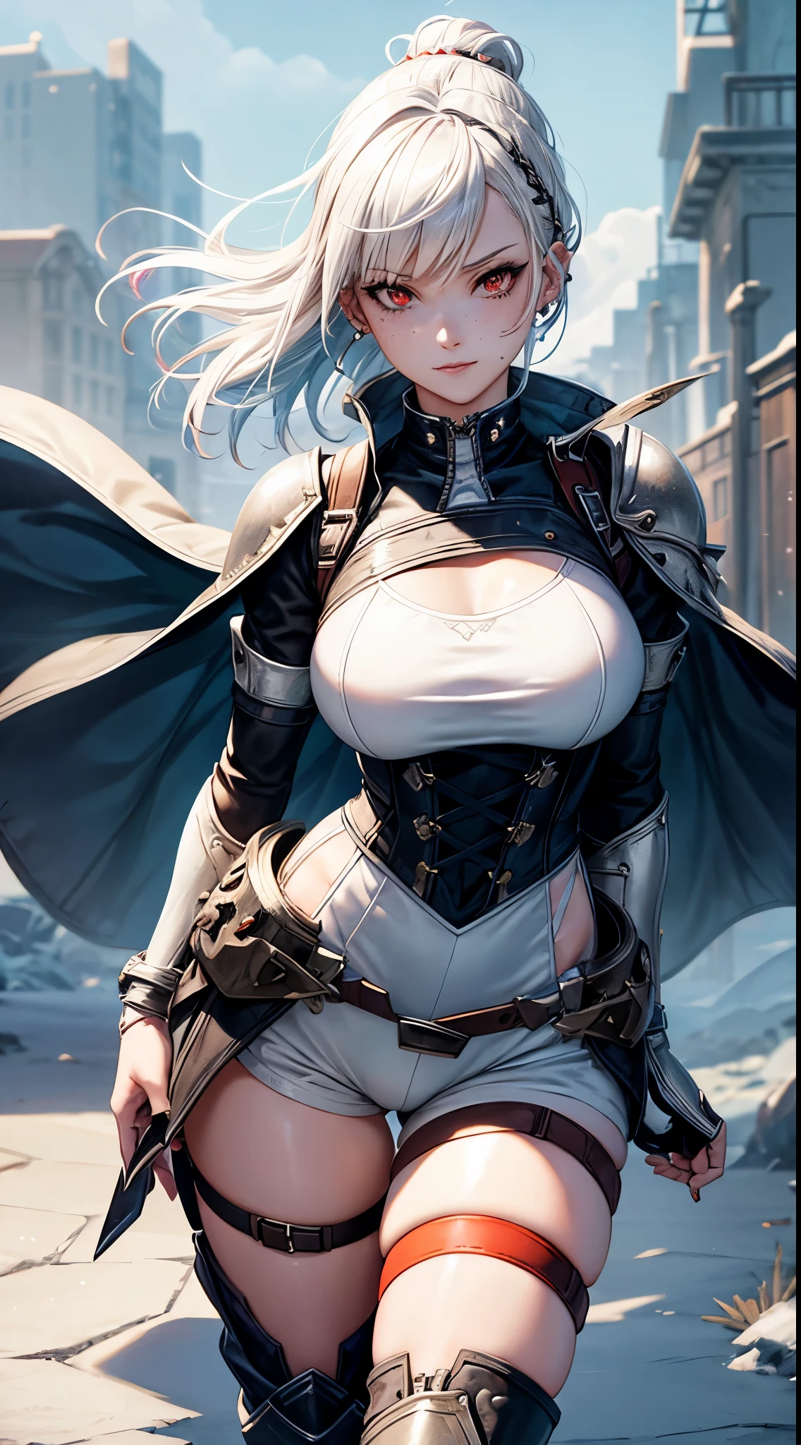 gwen tennyson,1girl,yorha 2b,riven,tracer,overwatch,atelier ryza,close up,winter meadow view,tattoos,orange and white plugsuit,white short sleeve knight leotard,knight steel armor,lycra micro shorts,harness corset,long punk hair,punk makeup,red eyes,multicolored silver hair,long dress train,sexy smile,freckles,beautiful girl,thigh high punk boots,large breasts,8k,ultra detailed,realistic,fantasy art,punk knight uniform,queen gown dress,hair pin,ear piercings,crystal hand and neck jewelry,(weather:windy),long orange knight cloak,(pose:ready to attack),petals flying,