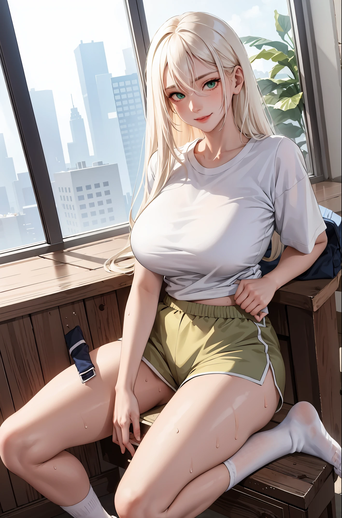 (masterpiece:1.2, best quality), (real picture, intricate details), 1lady, solo, upper body, showing legs, spread legs, open legs, leg spreading, sitting down, school , school settings, long hair, minimal makeup, detailed face, smiling, really long light platinum blonde hair, bangs, hair between eyes, green eyes, big plump breasts, big ass, SFW, clothes, school PE uniform, white shirt, t-shirt, tight shirt, tight school t-shirt, white socks, sweaty socks, school PE short, gym shorts, PE shorts, sweaty, super sweaty, extreme sweat, sweat wet