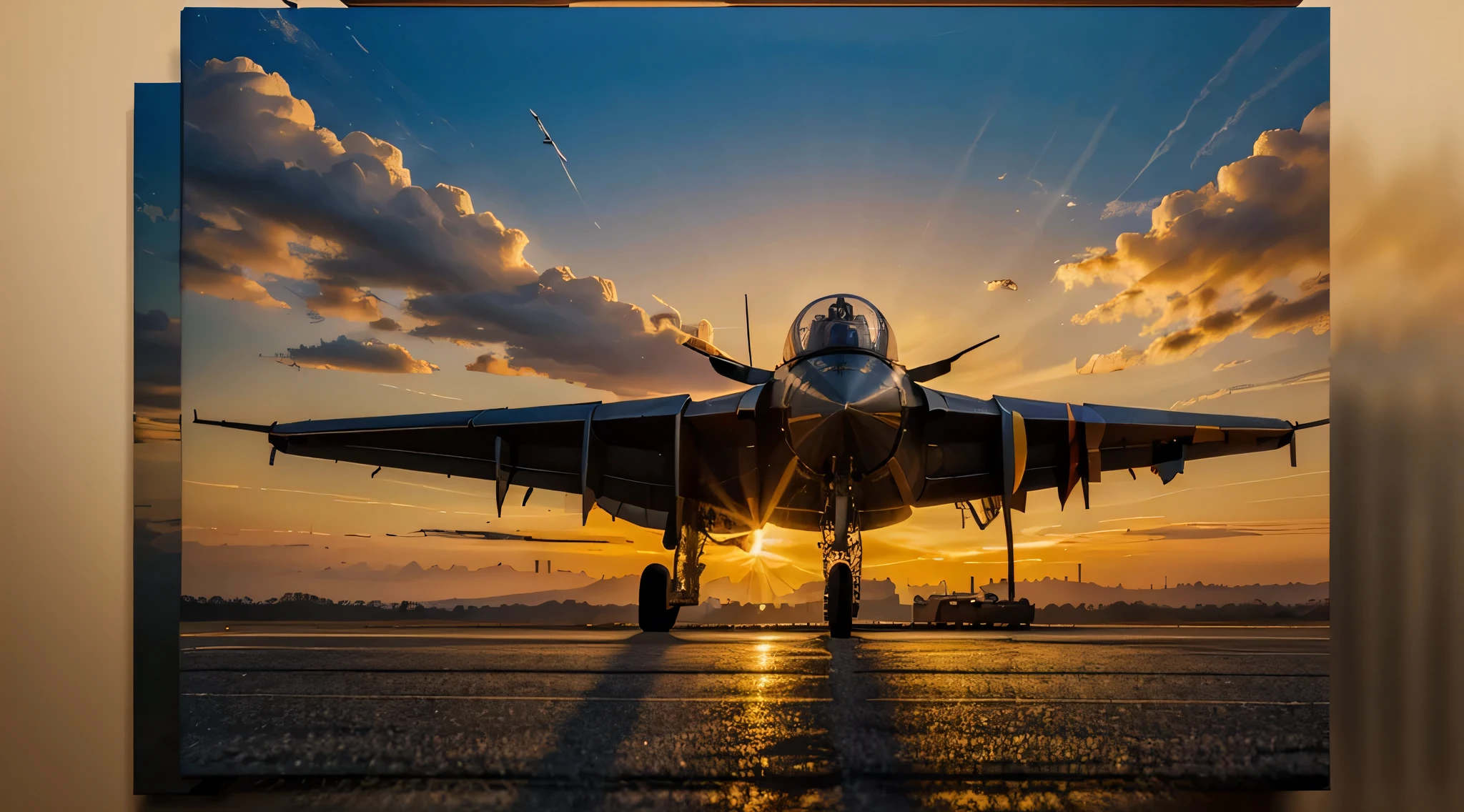 Air force oil 绘画 abstract oil 绘画 effect,Cool golden abstract oil 绘画 silhouette of fighter plane on sunset background, 绘画