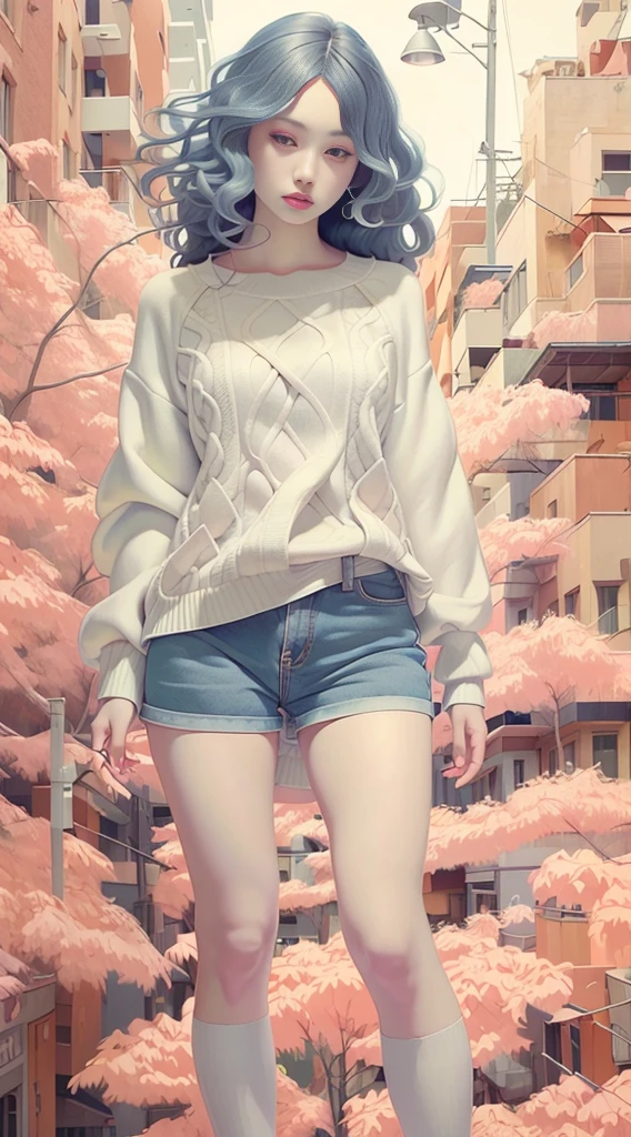 A beautiful woman, wearing ((sweater, hotpants)), long hair, full body, top quality, realistic, super detailed, 8k
