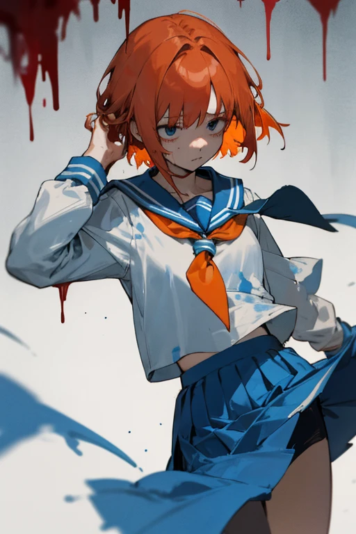 Detailed details，horor，Lack of light，disarray，hold your head in confusion，Frightened，murky，short orange blouse hair，Blue sailor suit，neck tie，covered in blood，skirt by the，Return blood