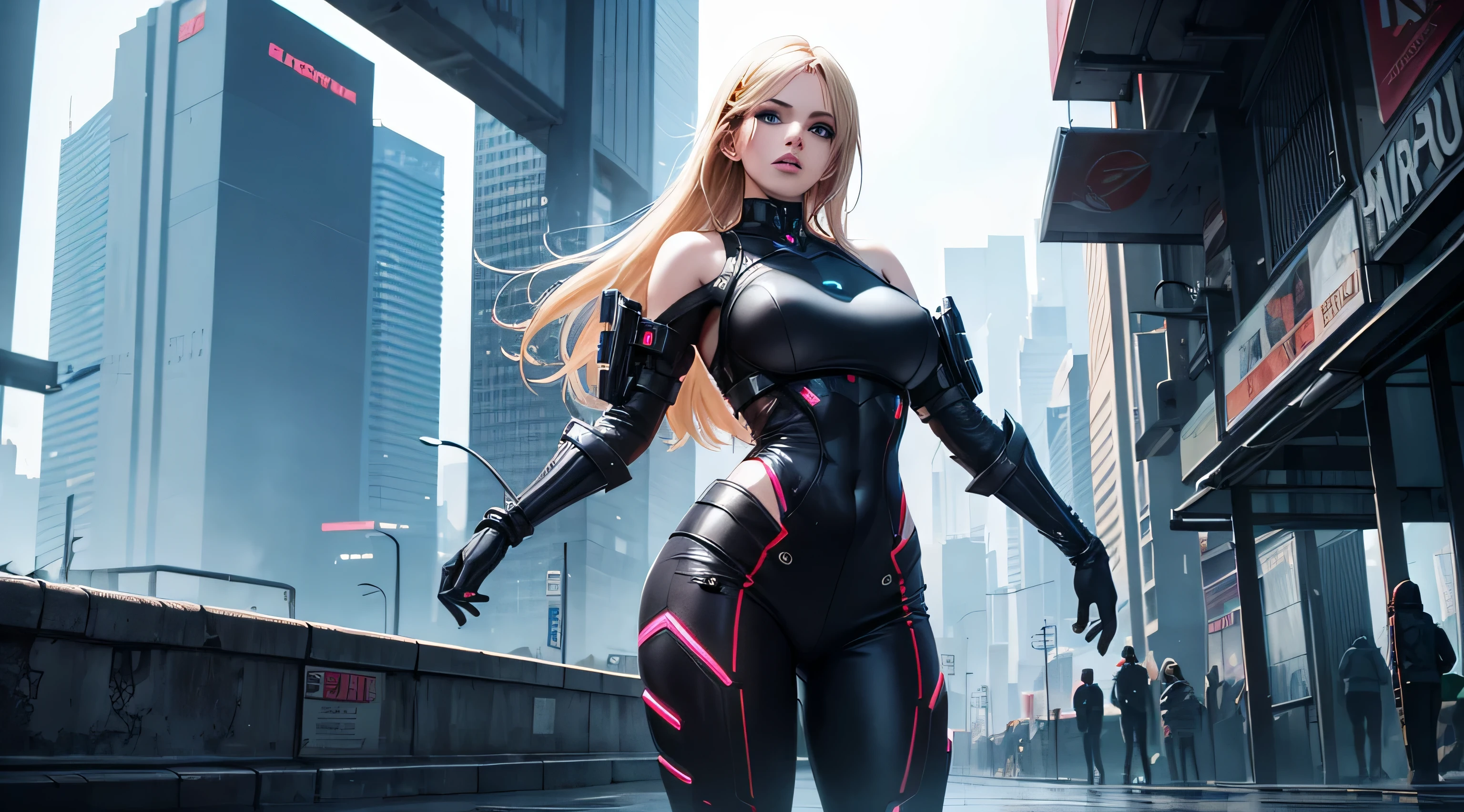 best quality, 8k, very delicate and beautiful, highly detailed face and skin texture, high resolution, big tits asain girl in futuristic suit stand on street in city at night, under neon light, full body, sharp focus
