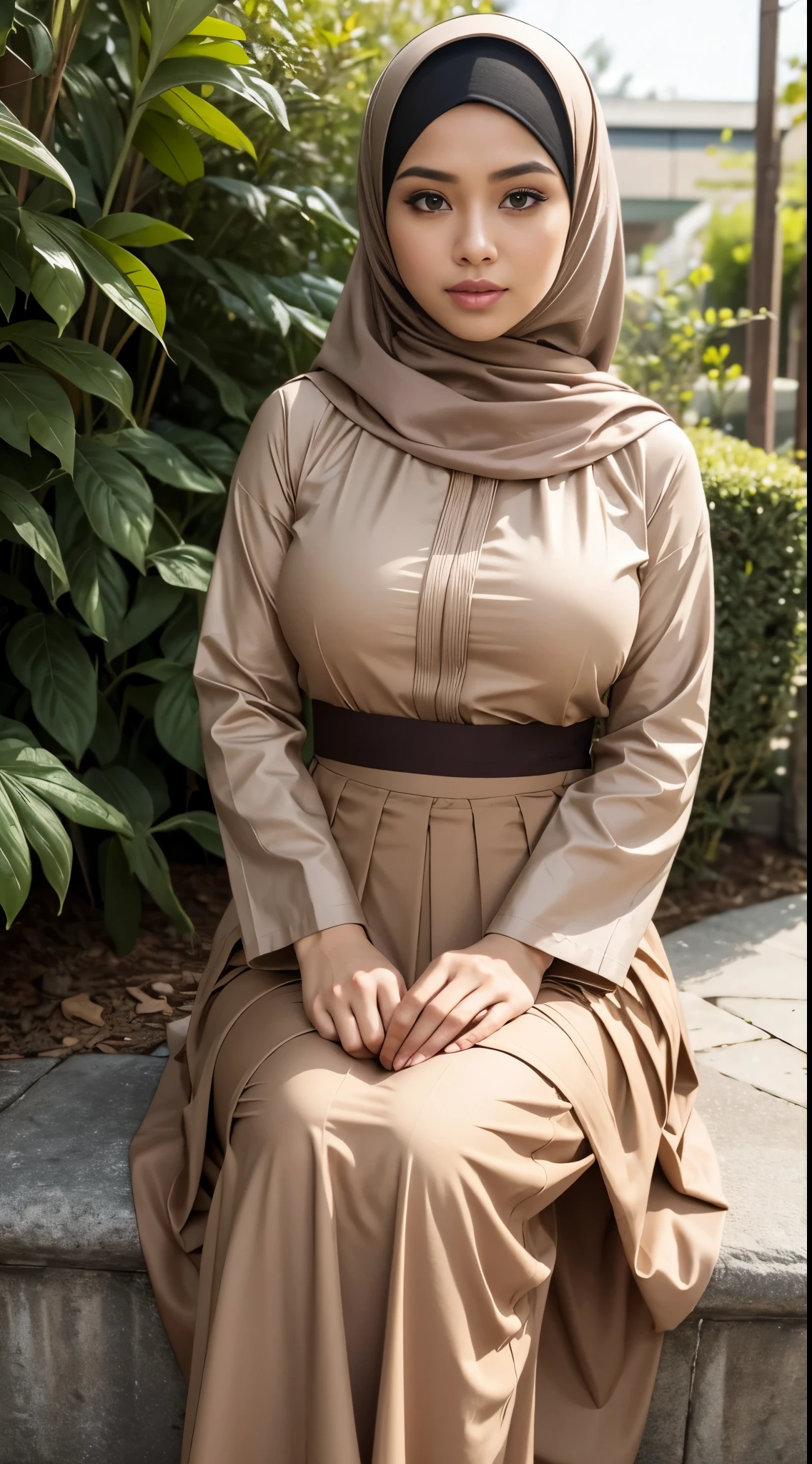 ((Close up)),RAW, Best quality, high resolution, masterpiece: 1.3), beautiful Malay woman in hijab,Masterpiece, perfect fit body, big breast, big gorgeous eyes, open mount,Soft smile,beutifull face,sitting,woman in a brown shirt and a brown plea skirt,long pleated skirt, coated pleats, wide skirts, taupe, long skirt, satin, dressed in long fluent skirt, brown clothes, brown shirt, muted brown, pastel', layered skirts, silky garment, beige, coat pleats, modestly dressed, hakama kimono ,thick thighs, Delicate turtleneck, long necklace, shairband, afternoon walk, garden plant, Excellent lighting, Bright colors, Clean lines