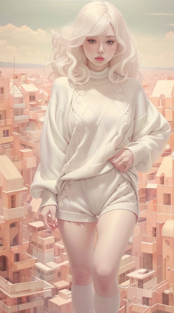 A beautiful woman, wearing ((sweater, hotpants)), long hair, full body,  white hair, op quality, realistic, super detailed, 8k