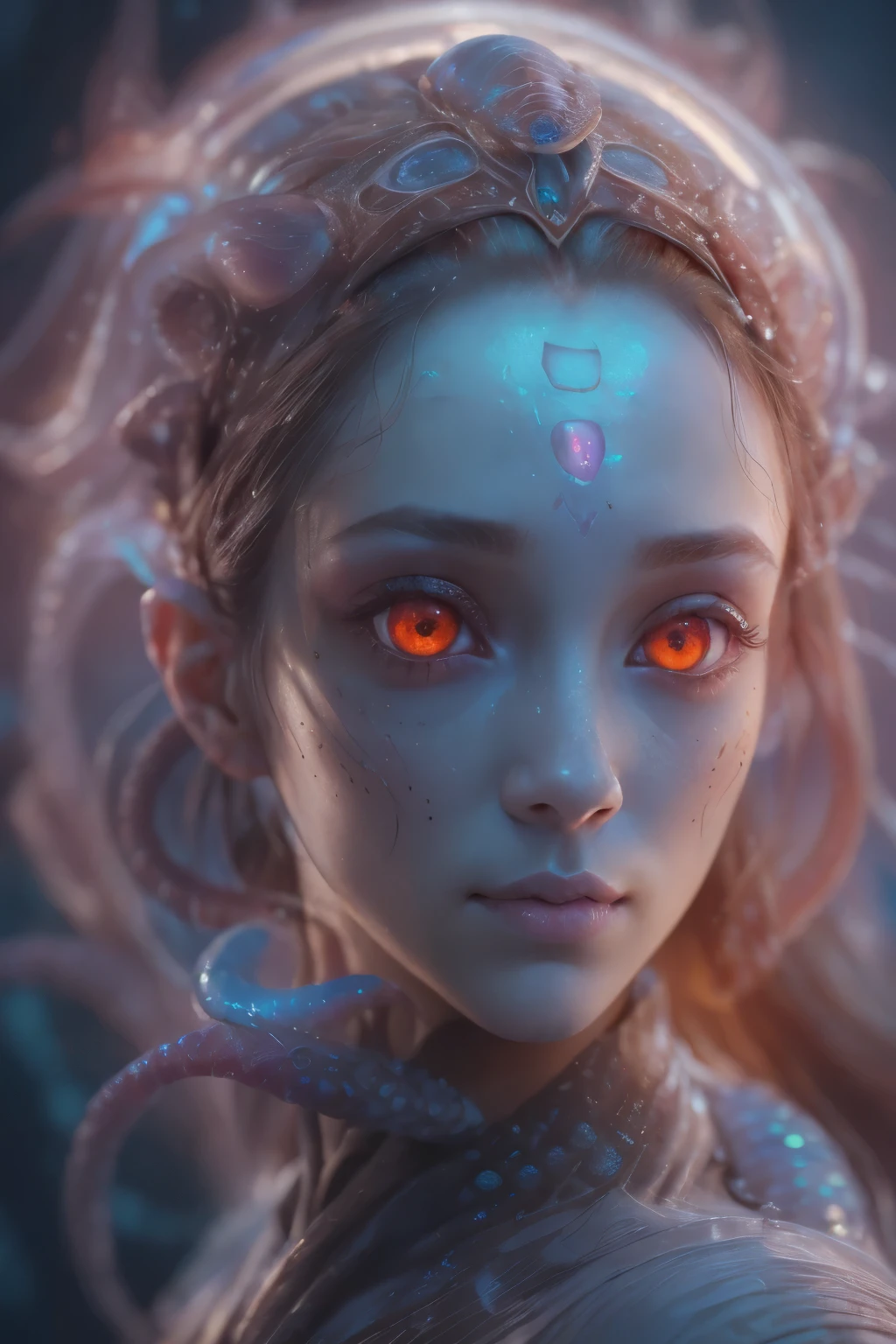 Portrait, (beautiful female alien:1.2),  (she has red eyes with no pupils:1.8), (Translucent skin:1.7),  (There is a female genital-like organ in the middle of the forehead:1.9), (The most beautiful face in the history of the universe:1.2),an evil gaze that seduces, (large mouth:1.1), (sharp teeth like a vampire:1.2), Full body like, (bio luminescent:1.5), (Smile wickedly:1.3),  (sexypose:1.5), alien, No humans, cells are fused, (Lots of translucent tentacles:1.3) extraterrestrial, cell, bio image, Best Quality, 8K,4K_quality, High Definition, Dramatic Lighting, masutepiece:1.5,cinematic quality, detail up, (Intricate details:1.2), High resolution, High Definition, drawing faithfully, (Thick eyebrows:1.2), Beautiful eyes with fine symmetry,(Highly detailed face and eyes:1.2), Intimate face, (Super detailed skin quality feeling:1.4), Perfect ???????,  (Beautiful toned body:1.5),  (Moist skin:1.2), No makeup, (dark circles:1.1), long canines, cinematic drawing of characters, ultra high quality model, cinematic quality, detail up, (Intricate details:1.2), High resolution, High Definition, drawing faithfully, Official art, Unity 8K wall  , 8K Portrait, Best Quality, Very High resolution, ultra detailed artistic photography, midnight aura,  unreal enginee 5, Ultra Sharp Focus, art by alberto seveso, ArtGerm, Roisch, intricate artwork, best quality, masutepiece, ultra High resolution, (photos realistic:1.4), Ultra-realistic realism, dream-like,  nautilus, Creation of fantasy, Snail, Dream Snail,  biopunk nautilus, Thrilling color schemes， Ultra-realistic realism， seductively smiling, Blue tentacles,