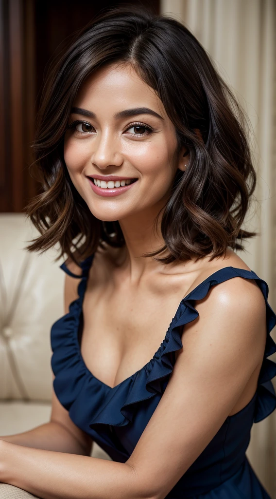 Ruffle Dress, A cinematic and realistic portrait of a Most sexy and adorable woman in her 30s, with her hair perfectly styled, smiling confidently at the camera, white skin, Lob (long bob) brown hair