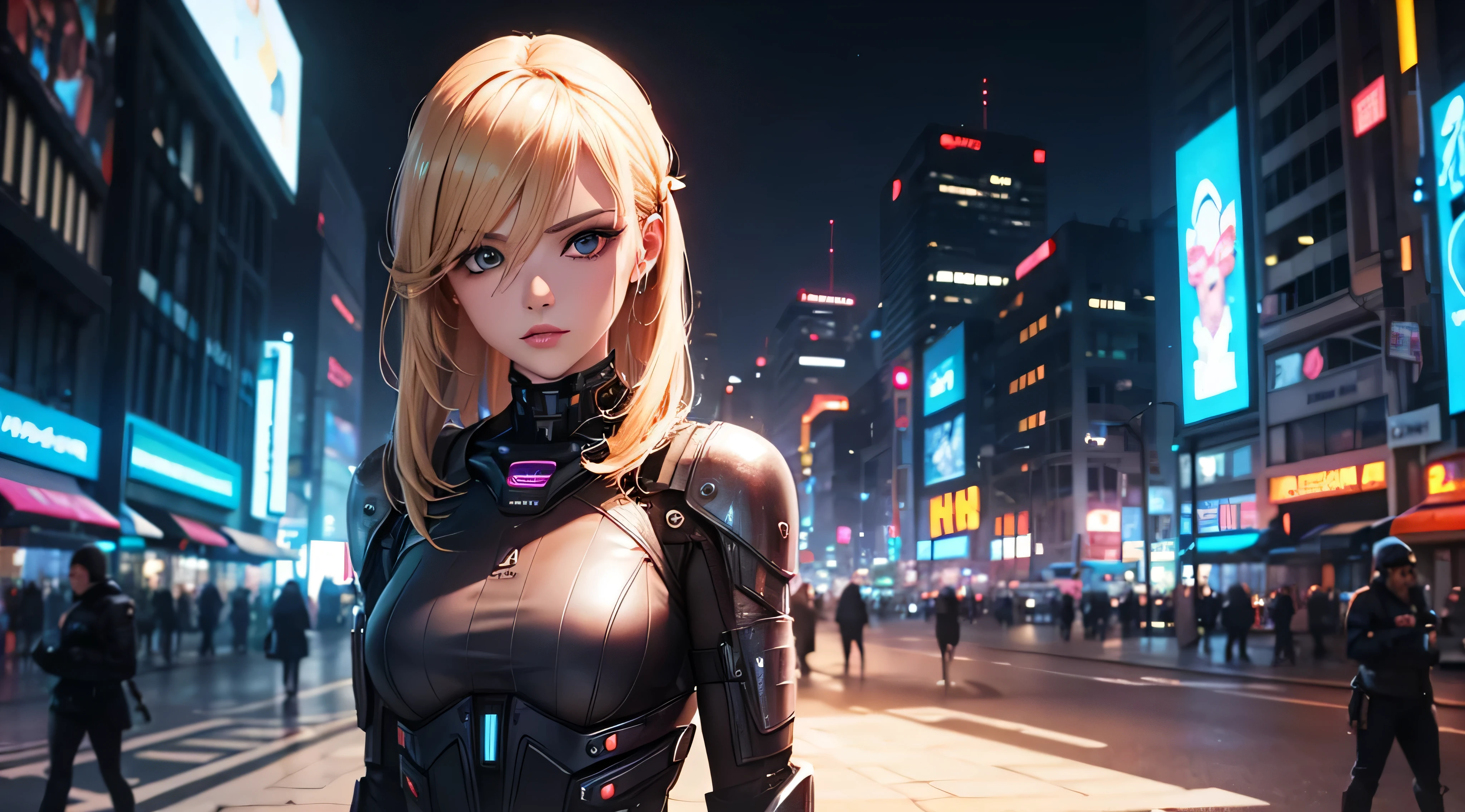 mujer hermosa rubia , estililo cyber punk en la ciudad