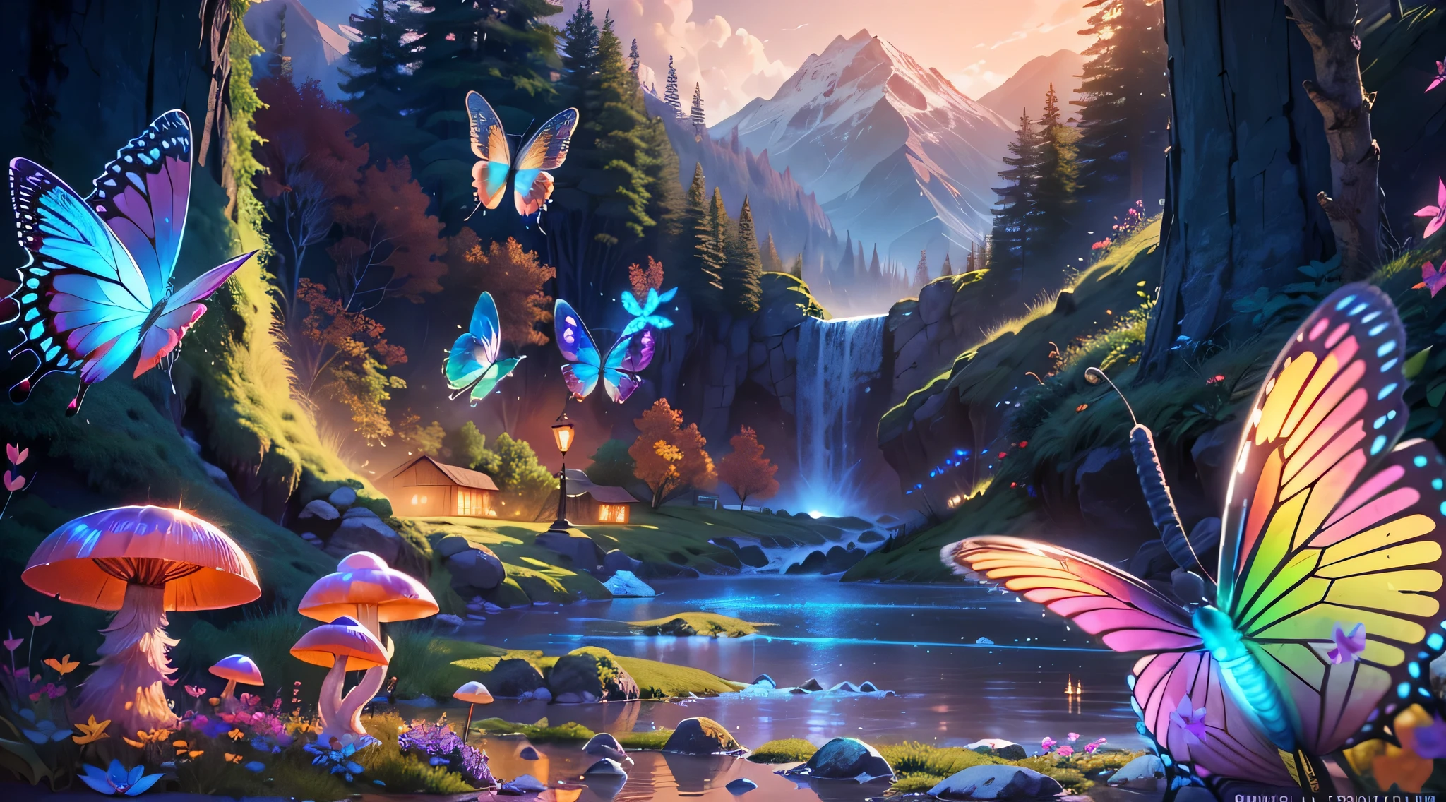 Enchanted mystical forest, neon butterflies, clear blue water river spring, golden mini fairies, Glowing mushrooms, releasing pollen, extremely beautiful landscape, (ultra-realistic), {extremely detailed 8k CG unit wallpaper}, expansive landscape photography, (low look, which gives priority to the entire scene, (Wide view of open field), (low angle shot), (High Light: 1.5), (low lighting: 1.0), (Warm light source: 1.0), complex details, (iridescent colors: 1.5), (vivid lighting), (Ambiance Lighting), Nature, Magical, landscape