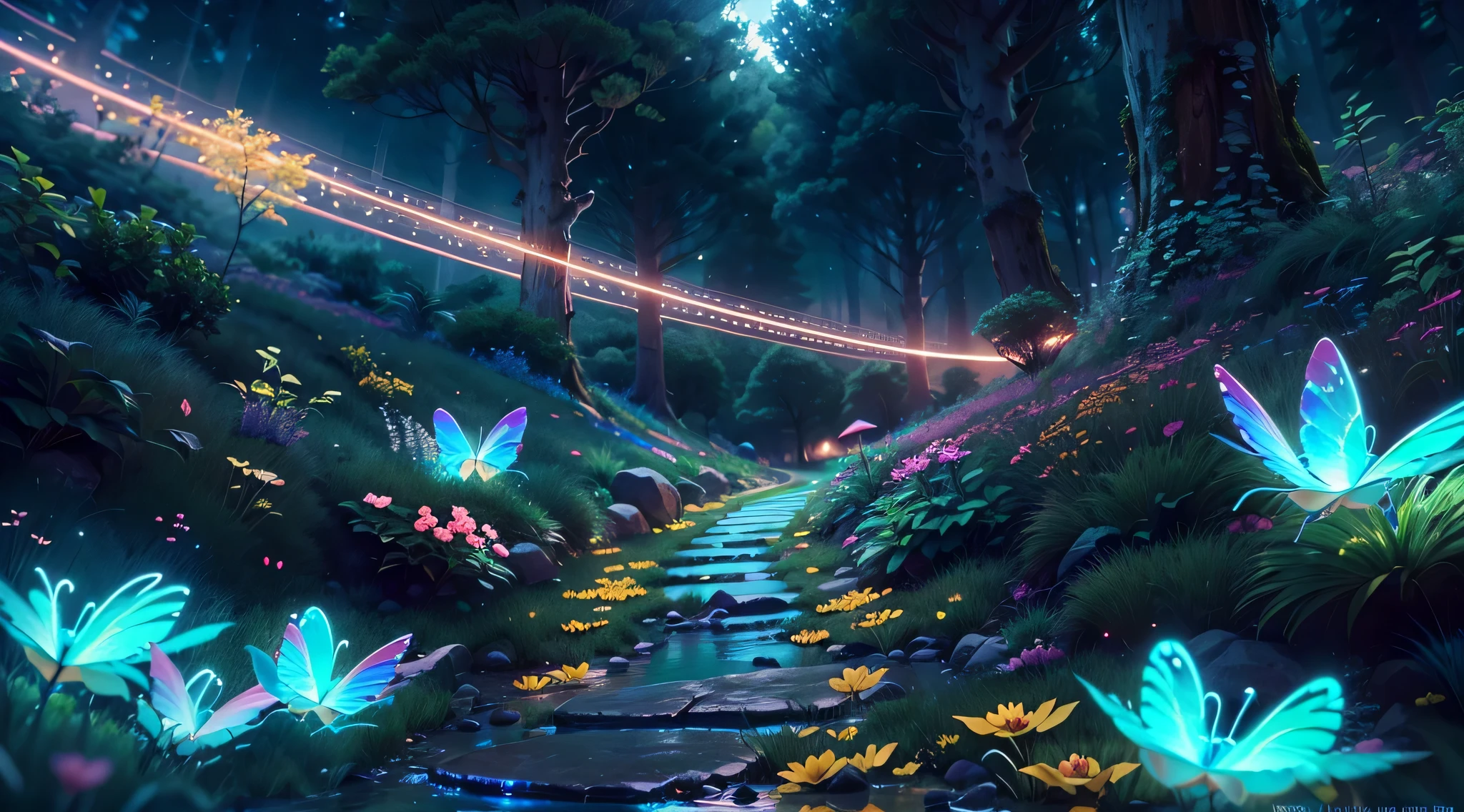 Enchanted mystical forest, neon butterflies, clear blue water river spring, golden mini fairies, Glowing mushrooms, releasing pollen, extremely beautiful landscape, (ultra-realistic), {extremely detailed 8k CG unit wallpaper}, expansive landscape photography, (low look, which gives priority to the entire scene, (Wide view of open field), (low angle shot), (High Light: 1.5), (low lighting: 1.0), (Warm light source: 1.0), complex details, (iridescent colors: 1.5), (vivid lighting), (Ambiance Lighting), Nature, Magical, landscape