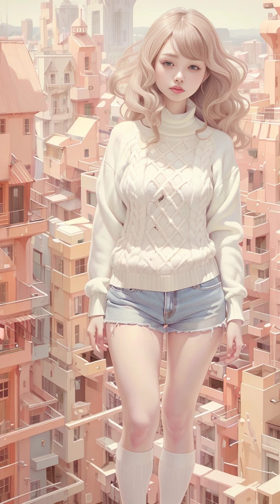 A beautiful woman, wearing ((sweater, hotpants)), long hair, happy face, full body, top quality, realistic, super detailed, 8k