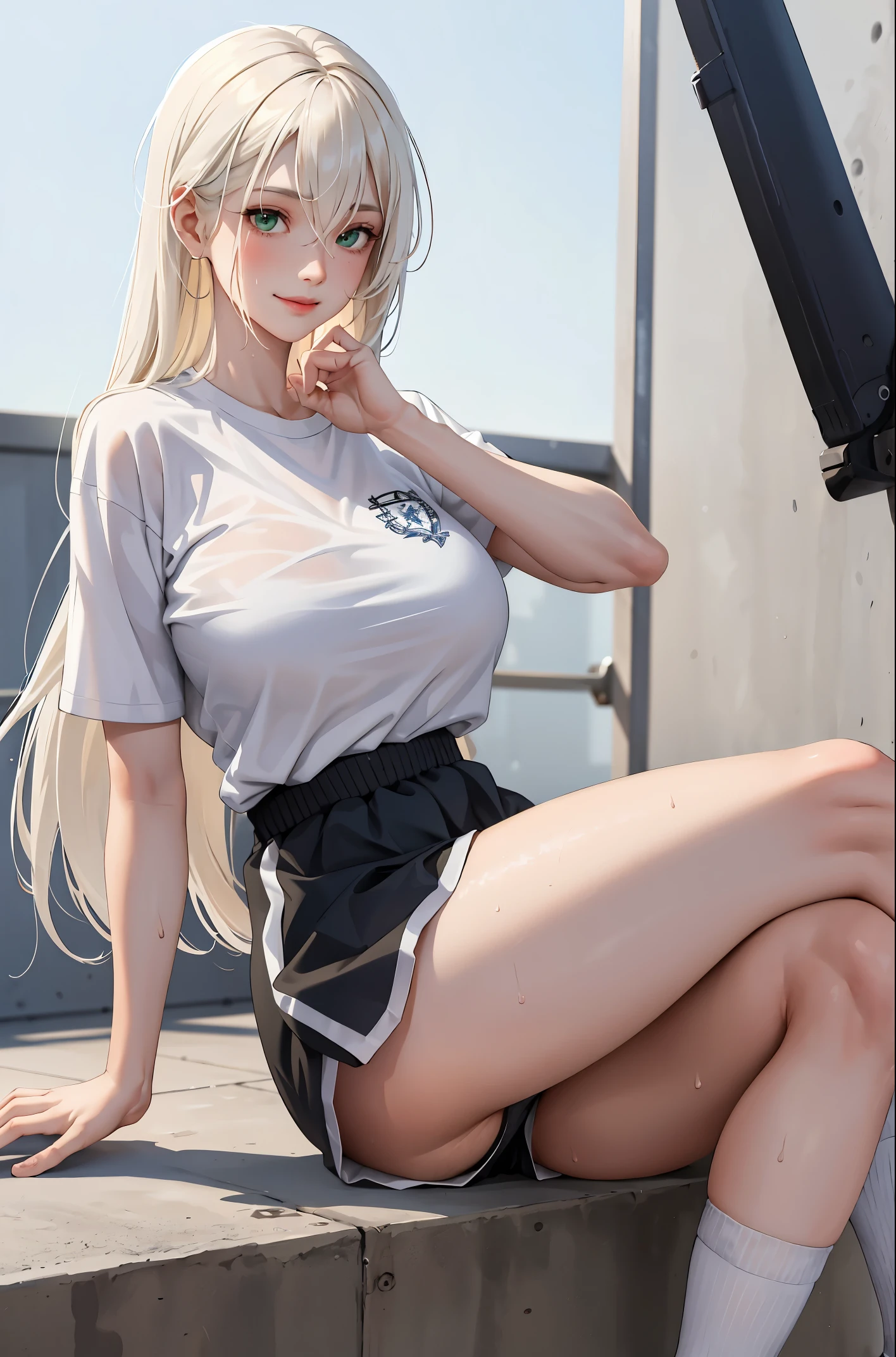 (masterpiece:1.2, best quality), (real picture, intricate details), 1lady, solo, upper body, showing legs, spread legs, open legs, leg spreading, sitting down, school , school settings, long hair, minimal makeup, detailed face, smiling, really long light platinum blonde hair, bangs, hair between eyes, green eyes, big plump breasts, big ass, SFW, clothes, school PE uniform, white shirt, t-shirt, tight shirt, tight school t-shirt, white socks, sweaty socks, school PE short, gym shorts, PE shorts, sweaty, super sweaty, extreme sweat, sweat wet