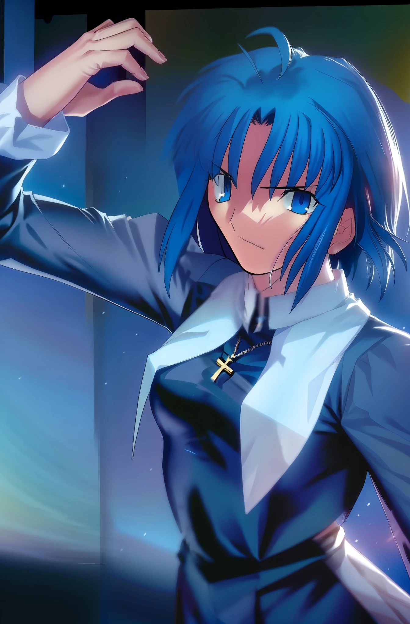 (best quality, 4k, 8k, highres,m asterpiece:1.2), (ultra-detailed:1.6), (realistic,photorealistic,photo-realistic:1.37), slender figure, (soft, delicate features:1.1), (vivid colors), (artistic composition:1.1), ciel_(tsukihime), cowboy shot, 1girl, solo, long sleeves black dress, habit open, sad, looking at viewer, antenna hair, (ahoge:1), closed mouth, fingernails, breasts, medium breasts, cross, latin cross, cross, holding, necklace, nun,