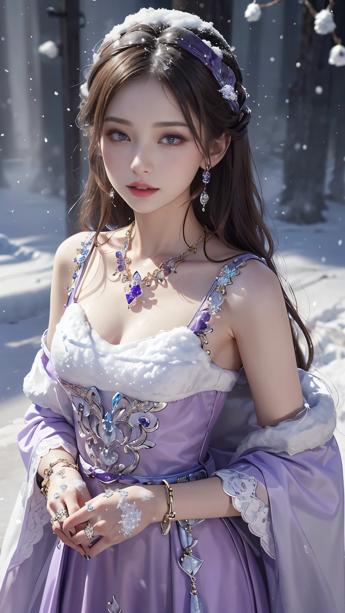 Ultra-realistic 8k CG, flawless, Clean, masterpiece, professional artwork, famous artwork, Cinema lighting, bloom, perfect face, pretty face, fantasy, dreamlike, illusory, Science fiction,   lace, lace trim, lace-trimmed legwear, luxurious, jewelry, diamond, Kaneko, pearl, gem, 蓝gem, 红gem, emerald, intricate details, Exquisite pattern, charming, Tempting, Tempting, disciple, enchanting, hair accessories, necklace, earrings, bracelet, armband,halo,autumn,huge breast,expose breast,expose breast,Expose cleavage，Expose cleavage，See the breasts，Show breasts，
((,1 girl, Throw,best quality, ))  , ((((1 girl, alone,outdoor, big breasts,,snowflakes,  snow, snowing,  plum bossom,  ))))
