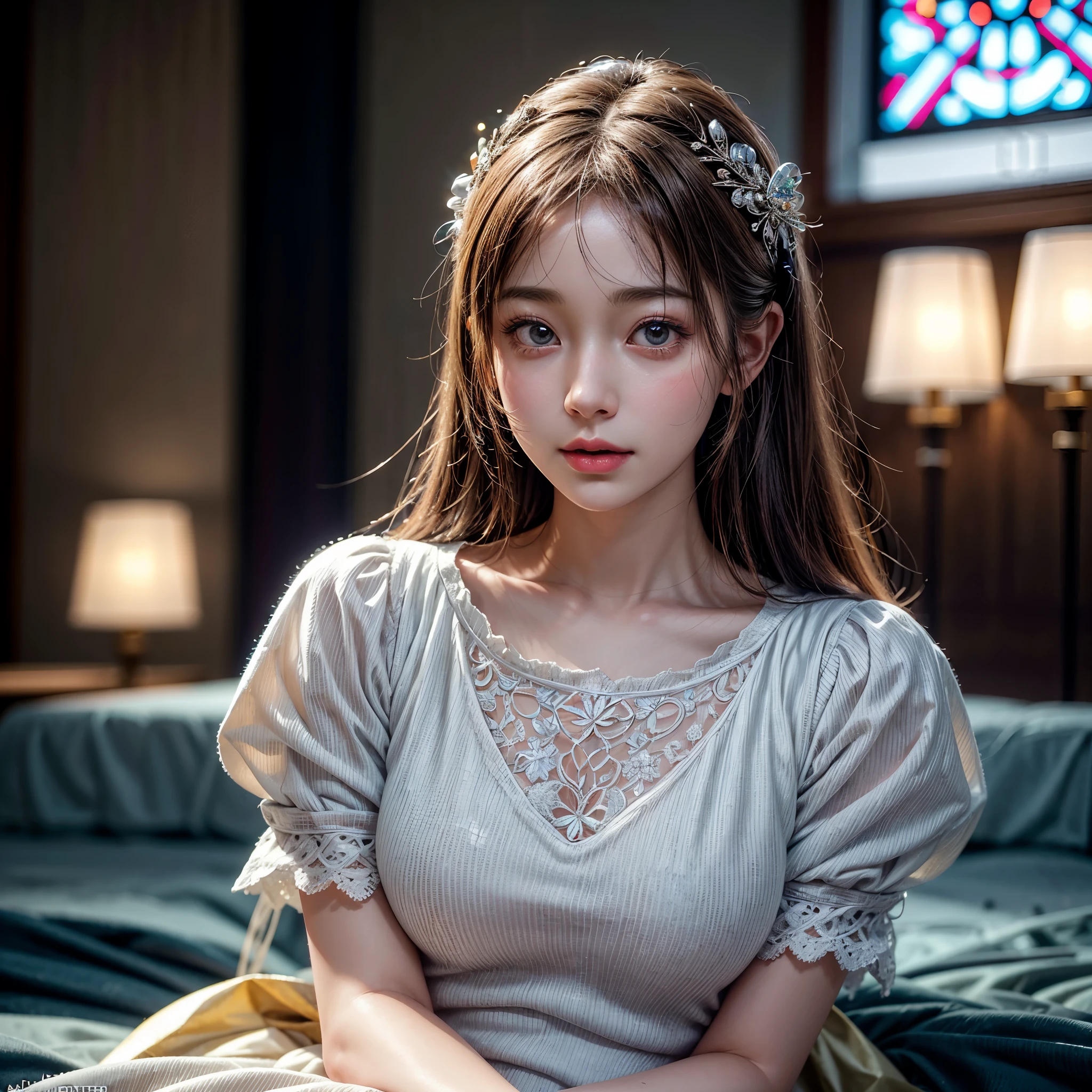 SFW, concept art, Tiny junior idol, Delicate lace knitted white clothes, (nipple:-0.9), face closeup, (((Renbutsu Misako), Dazzling and delicate stained glass fills the backgrund, colorful Light shines through stained glass:1.2, vivid red colors, lense Particle, lens flare, light Particle, Dazzling Halo, Acutance:0.8)). (masterpiece:1.2),(ultra-detailed:1.37),(realistic,photorealistic,photo-realistic:1.37), (Extremely detailed KAWAII face variations, innocent expression variations), rosy cheeks, intricate detailed eyes with sparkling highlights, long eyelashes with volume, subtle blush on the face. Mystic sight, haze, impeccable skin texture, captivating gaze, ((Dynamic-angle, physically-based rendering)), whole Body proportions and all limbs are anatomically accurate .