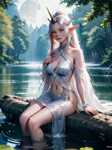 ((moon light))、((1 unicorn horse and 1 pretty girl))、A quiet pond in the deep forest、Virgin sitting on a big rock、hight resolution、4k,8k, depth of fields、(Beautiful elf girl leaning on an old tree)、Perfect Beautiful Girl、Beautiful face、Navel Look、(view from far), ((Full body like、Landscape painting))、细致背景、A detailed face、detailed body shape、