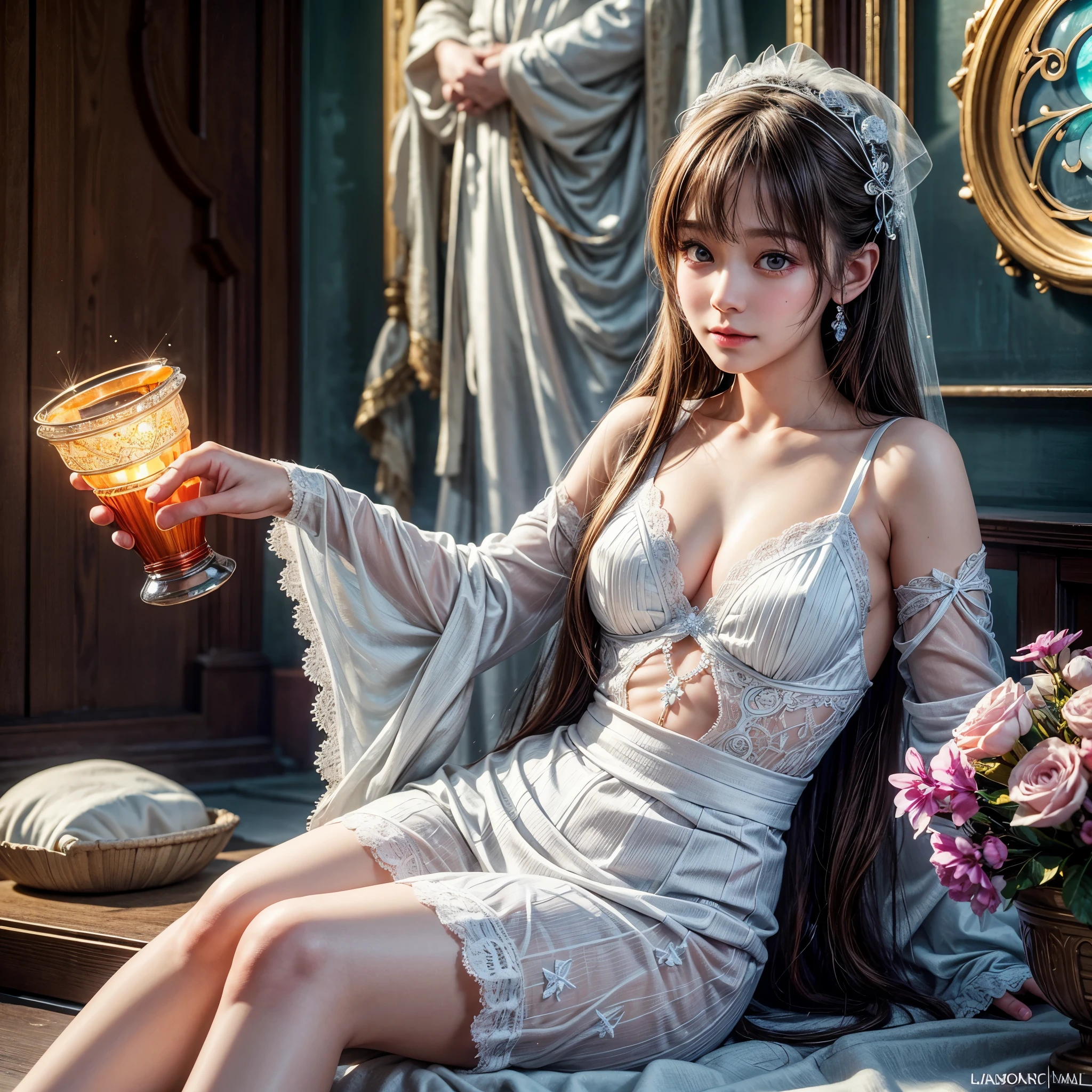 SFW, concept art, Tiny junior idol, Delicate lace knitted white clothes,(Exposed:1.2), (nipple:-0.9), face closeup, (((Renbutsu Misako), Dazzling and delicate stained glass fills the backgrund, colorful Light shines through stained glass:1.2, vivid red colors, lense Particle, lens flare, light Particle, Dazzling Halo, Acutance:0.8)). (masterpiece:1.2),(ultra-detailed:1.37),(realistic,photorealistic,photo-realistic:1.37), (Extremely detailed KAWAII face variations, innocent expression variations), rosy cheeks, intricate detailed eyes with sparkling highlights, long eyelashes with volume, subtle blush on the face. Mystic sight, haze, impeccable skin texture, captivating gaze, ((Dynamic-angle, physically-based rendering)), whole Body proportions and all limbs are anatomically accurate .