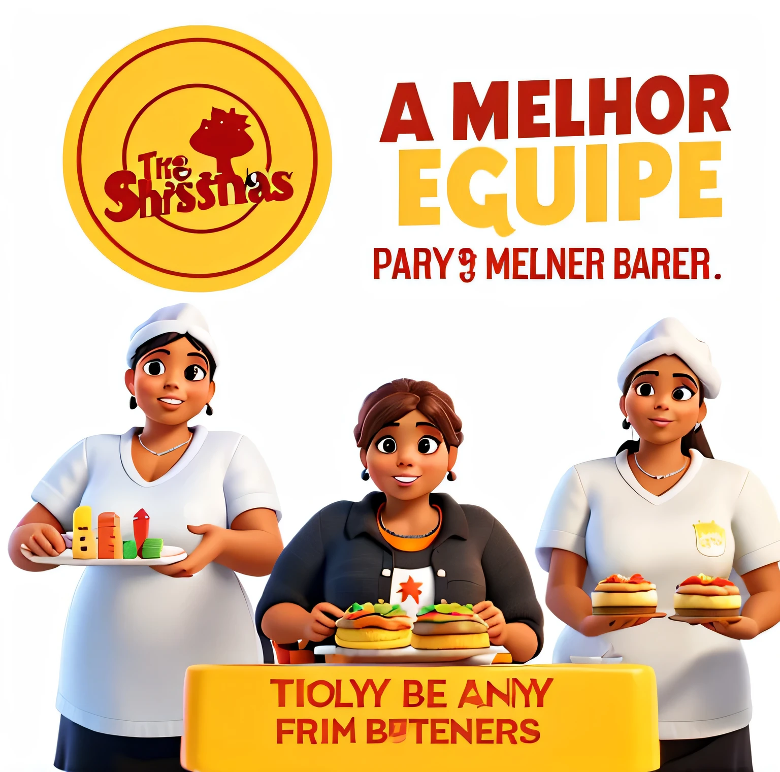 three brown women, Toca waitresses holding burgers and fries in pixar style, tema natalino