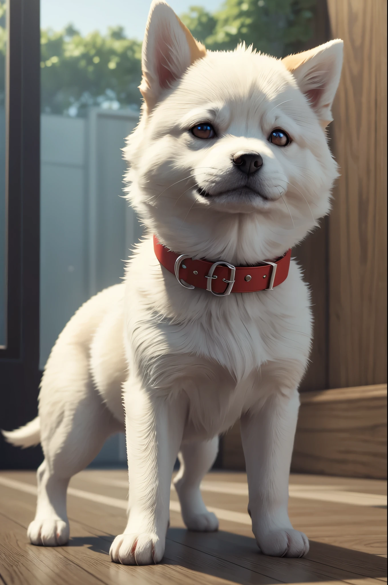 8K,There is a small white dog with a red collar and a green ball, cute 3d render, anthropomorphic shiba inu, rendered in redshift, semi - realistic render, maxwell render, super detailed render, highly detailed render, render naughty dog, hyper realistic detailed rendering, fully detailed render, Adorable Digital Painting, hyper real render, hyper realistic rendering,