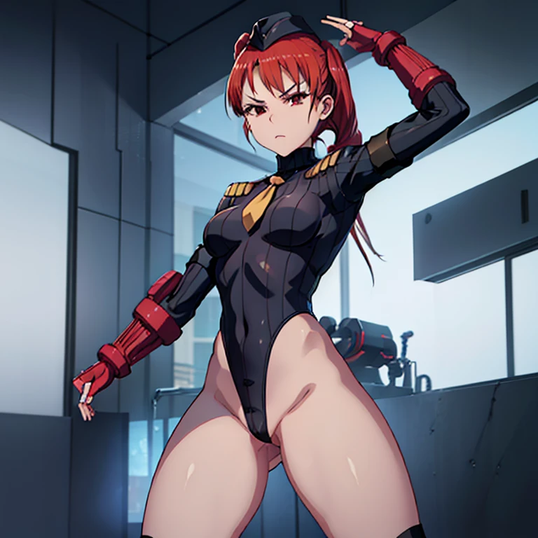 ultra-detailed, Explicit, Beautiful body, Beautiful Nose, Beautiful character design, perfect eyes, perfect face, ultra highres, 4K, beautiful legs, perfect legs, Nice hands, Perfect hand, Masterpiece, Best Quality, Highly detailed, illustration, absurdres, street fighter, doll suit, shadaloo doll, dollsuit, expressionless, blank eyes, looking at viewer, red gloves, emotionless, black latex, corrution, mind control, female combatant, full body, hypnotized, unhappy trance, full body suit, ribbed bodysuit, both arms at side, obey, perfect female body, extremely glossy latex, hypnosis, hypnoLora, empty eyes, Mind control device, poses, submissive_pose, Slave, hat, necktie, stand up straight, standing, standing at attention, hat, necktie, belt, latex, ribbed bodysuit, thighhighs, garter belt, Fighting Stance, extending the right arm from the shoulder into the air with a straightened hand, nazi saluting, military, military saluting, salute, thigh boots, 1girl, solo, Sarina Shizukume, mahou Shoujo Site, red hair, red eyes, long hair, twin tails, low twin tails