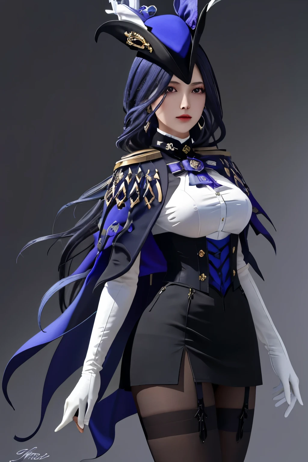 masterpiece, best quality, highly detailed, 1girl, solo, giclorinde, purple eyes, large breasts, hair between eyes, long hair, dark blue hair, earrings, black skirt, miniskirt, pantyhose, purple ascot, purple capelet, black corset, black pantyhose, black skirt, white gloves, hat, tricorne,