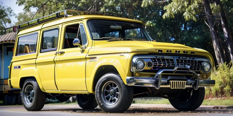 1962s style yellow truck parked on the side of a road next to a tree, nostalgic 8k, restomod, a retropunk naturewave defender, 1961”, ranger, nomad masterpiece, ultra - realistic, ultra-realistic