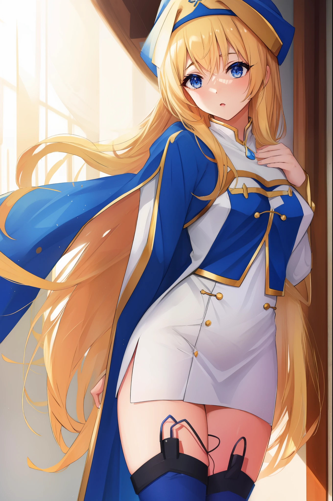 priestess, blonde hair, blue eyes, long hair, hair between eyes,((vibrator in thighhighs thighvibe)),blush