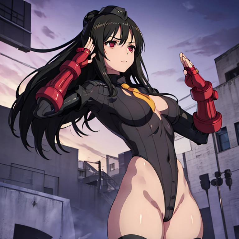 ultra-detailed, Explicit, Beautiful body, Beautiful Nose, Beautiful character design, perfect eyes, perfect face, ultra highres, 4K, beautiful legs, perfect legs, Nice hands, Perfect hand, Masterpiece, Best Quality, Highly detailed, illustration, absurdres, street fighter, doll suit, shadaloo doll, dollsuit, expressionless, blank eyes, looking at viewer, red gloves, emotionless, black latex, corrution, mind control, female combatant, full body, hypnotized, unhappy trance, full body suit, ribbed bodysuit, both arms at side, obey, perfect female body, extremely glossy latex, hypnosis, hypnoLora, empty eyes, Mind control device, poses, submissive_pose, Slave, hat, necktie, stand up straight, standing, standing at attention, hat, necktie, belt, latex, ribbed bodysuit, thighhighs, garter belt, Fighting Stance, extending the right arm from the shoulder into the air with a straightened hand, nazi saluting, military, military saluting, salute, thigh boots, 1girl, solo, mahou Shoujo Site, Aya Asagiri, black hair, red eyes, long hair, blood tear