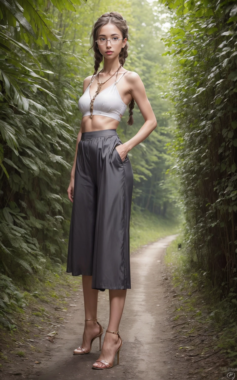 (8K, Masterpiece, RAW photo, Best quality, detail:1.3), (ultra realistic Natural background, scenary:1.5), Depth of field, Cinematic light, (ultra realistic face), (1 picture of 1 solo girl Airim Jones:1.6), 1girl, (Beautiful and elegant Russian girl), (skinny girl with glasses), (European face:1.3), (perfect complete full body:1.5), (small necklace, collarbone:1.1), ( [braids|bangs|ponytail|pigtails|bob|pixie] hair:1.5), (ultra detailed skin:1.4), (sexy outfit:1.6),, (Culottes:1.5), (perfect standing pose:1.5), (perfect long legs:1.4)