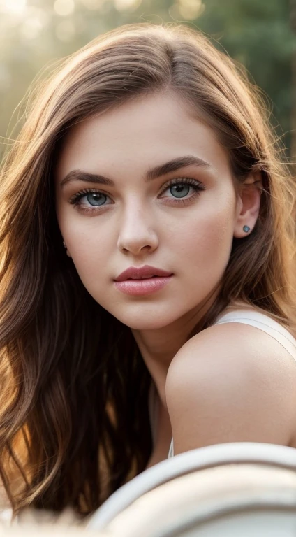 [RAW photo, 10, high-res, masterpiece, Premium quality camera, cowboy shot], There was a young woman riding a beautiful white horse. [Description of the girl : ((Cute Girl, With an oval face and a symmetrical facial structure, s big eyes, Hazel eye color, Almond-shaped eyes, The nose is straight and balanced., It&#39;s a soft wave. (brunette hair) ,heart-shaped lips, Perfect eyebrows, perfect ears, Soft, pale skin, Pale white skin, natural pink lips, seductive expression, lively light, Specially cute and , 22 years old, cute face))], [Body description : ((Hourglass chassis shape, Chest 32 inches, Round breasts))],