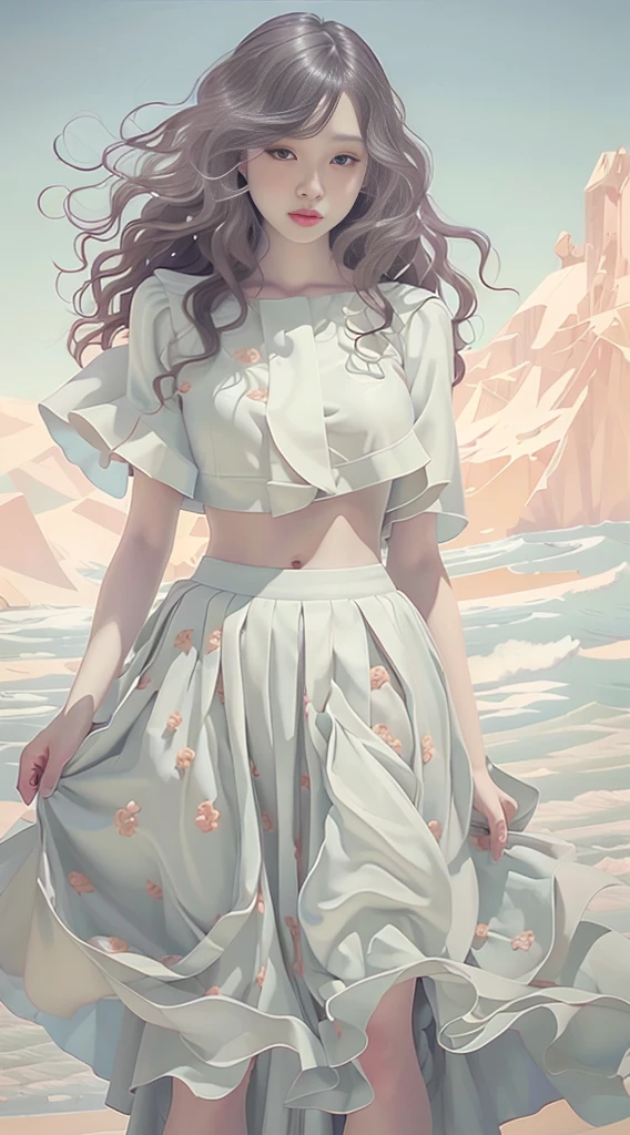 A beautiful woman, wearing (( crop top, skirt)), long hair, smiling face, full body, top quality, realistic, super detailed, 8k