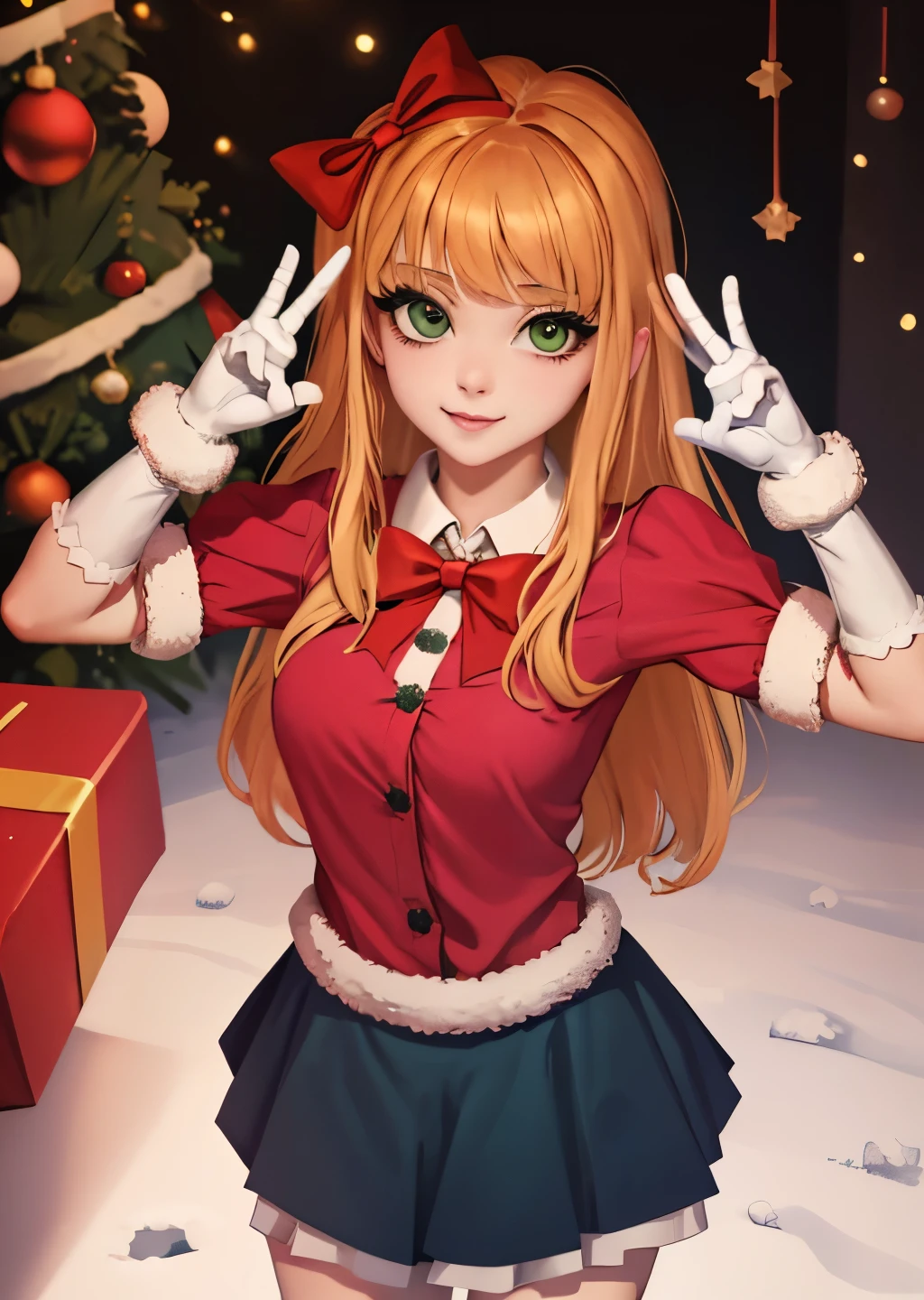 elizabeth , solo, elizabeth, teenager bow, christmas shirt, christmas skirt, elbow gloves, blue sky, snow, Christmas tree, lights, masterpiece, best quality, v sign, medium breasts, Green eyes