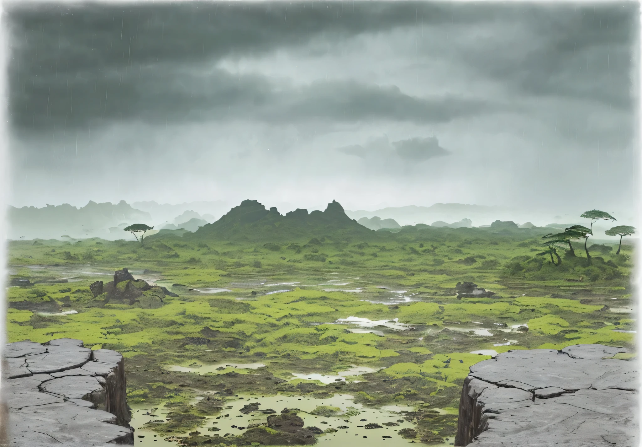 Grim, dark environment. A distant, landscape view of an alien planet with (dark slimy jungle swamp) filled with brown sludge. Two rock ledges seen in the foreground. Dark, grim, rainy, cloudy sky.
