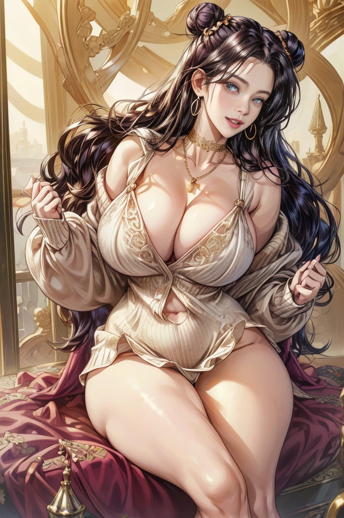 Best Quality, Ultra High Definition, (Photorealistic:1.4), Detailed Photo, Smiling, Sexy, Facing Camera, (Masterpiece: 1.3), (8K, Photorealistic, Best Quality: 1.4), (1girl), Beautiful Face, (Realistic Face), ((masterpiece, high quality, 1girl, breathtaking young busty, large breasts, wide hips, hourglass body, plum lips, parted lips, silky hair, bun, messy hair, fangs, glasses, thick thighs, round curvy ass, dynamic pose, sexy pose, high heels, necklace, earrings, choker, cleavage, intricate detail, photorealistic, perfect anatomy, perfect eyes, vibrant color, depth of field:1.2, bokeh, ultra detailed, high resolution, perfect smile, perfect beauty)), Beautiful Hairstyle, Realistic eyes, beautiful detail eyes, (realistic skin), beautiful skin, (sweater), absurd, attractive, ultra high resolution, ultra realistic, high definition, golden ratio