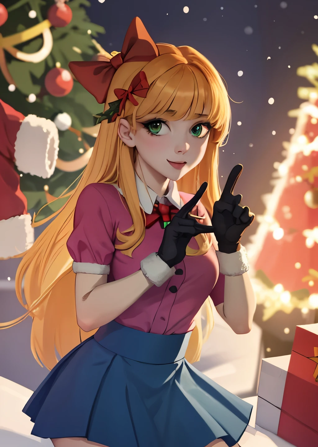 elizabeth , solo, elizabeth, teenager bow, christmas shirt, christmas skirt, elbow gloves, blue sky, snow, Christmas tree, lights, masterpiece, best quality, v sign, medium breasts, Green eyes