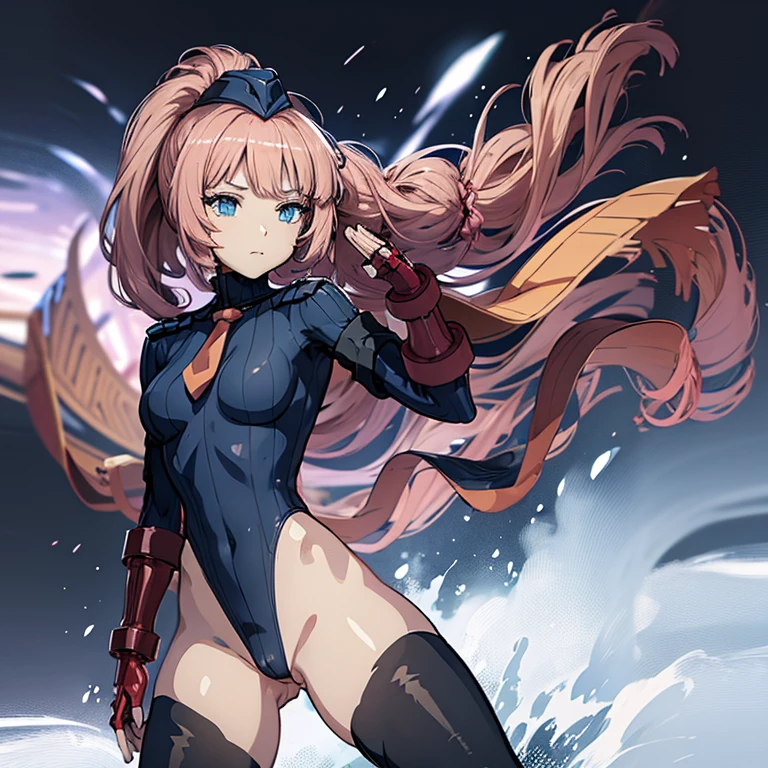 ultra-detailed, Explicit, Beautiful body, Beautiful Nose, Beautiful character design, perfect eyes, perfect face, ultra highres, 4K, beautiful legs, perfect legs, Nice hands, Perfect hand, Masterpiece, Best Quality, Highly detailed, illustration, absurdres, street fighter, doll suit, shadaloo doll, dollsuit, expressionless, blank eyes, looking at viewer, red gloves, emotionless, black latex, corrution, mind control, female combatant, full body, hypnotized, unhappy trance, full body suit, ribbed bodysuit, both arms at side, obey, perfect female body, extremely glossy latex, hypnosis, hypnoLora, empty eyes, Mind control device, poses, submissive_pose, Slave, hat, necktie, stand up straight, standing, standing at attention, hat, necktie, belt, latex, ribbed bodysuit, thighhighs, garter belt, Fighting Stance, extending the right arm from the shoulder into the air with a straightened hand, nazi saluting, military, military saluting, salute, thigh boots, 1girl, solo, Top Speed, Mahou Shoujo Ikusei Keikaku, pink hair, braids, long hair, blue eyes