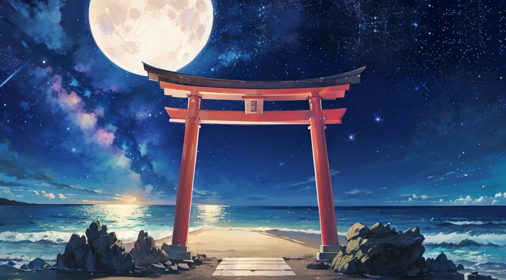 torii gate standing on a large rocky area by the seaside, starry sky, moon