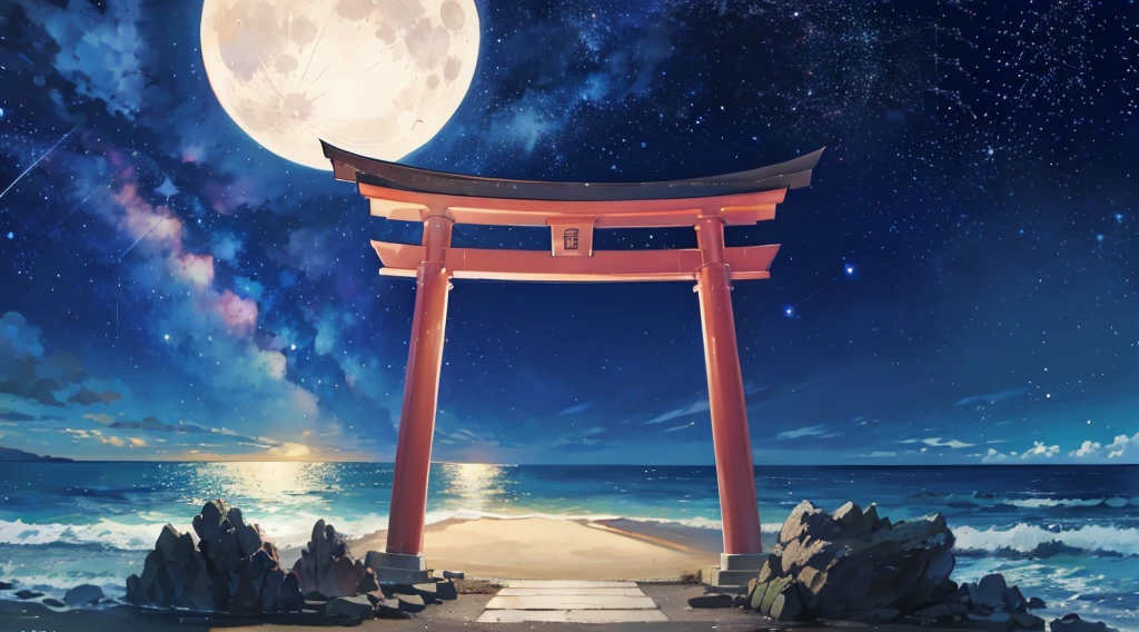 torii gate standing on a large rocky area by the seaside, starry sky, moon