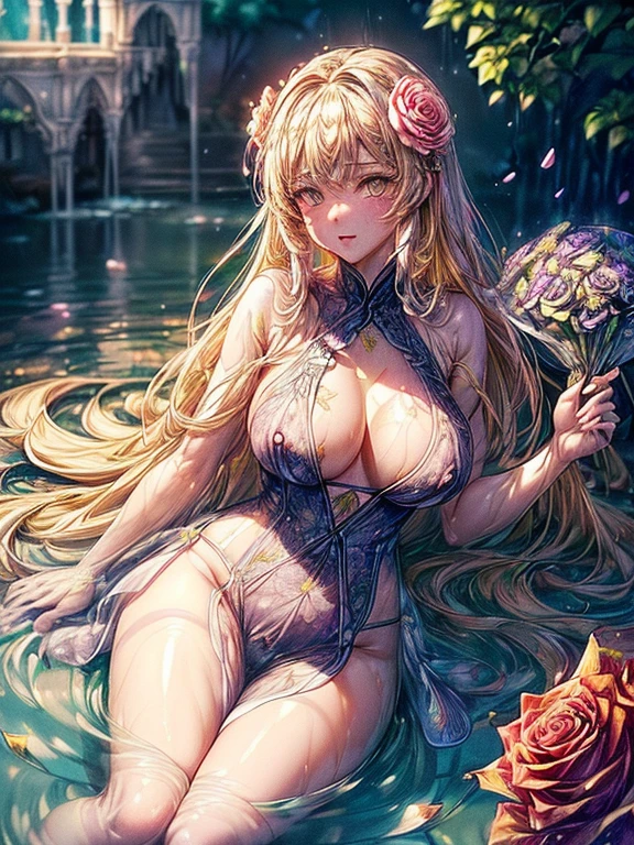 ((Finest quality)),(超A high resolution),(Ultra-detailed細),(Meticulous portrayal),((the most picturesque works of art),Ultra-Precision Art,The art of astounding depiction,Fantasyart:1.5, ((((Beautiful flowers々:1.5))), ((Body eroded by flowers:1.3)),Glamorous body:1.3,fancy background effects、masterpiece、Fancy details、(NSFW 1.1), ((1girl in)), ((masutepiece)), ((Highly detailed:1.3)), In crystal clear water,beautiful woman entering the lake, ((long yellow hair)), Wet hair, Wearing a light transparent dress, clothed bathing, steam, (Rose petals floating in water:1.3), Early morning light, Ivory Gold AI, windows, Crepscular lighting, 、Lace sheer underwear、very very gigantic boobs、Pink nipples、pink areolae,透けて見えるPink nipples、透明なpink areolae、lace and string shorts.、princess carry,Sexy lingerie with lace and strings,See-through sexy lingerie,Transparent lingerie、translucent dress、pearlsescent、pearls、Sexy Harness、Sexy garter belt、Sexy Stockings、Well equipped,intimate, rose garden、Multicolored roses、lake with floating roses、Lying down、Open legs、Spread your legs、Open thighs、Immersion in water、Wet body、splash water、gorgeous flower decoration、big flowers、stylish hair、Moon, lantern, Night, Solo, playing in the water, Water, hair flower, flower, Outdoors, skyporn, full Moon, Rain, lantern, wet clothes, skyporn, wet hair (((masutepiece),(the Extremely Detailed CG Unity 8K Wallpapers),Best Quality,Cinematic lighting,Detailed background,Beautiful detailed eyes,Bright pupils, (extremely delicate and beautiful),(Beautiful and detailed eyes description), Ultra-detailed,masutepiece,)),((Yellow eyes))、